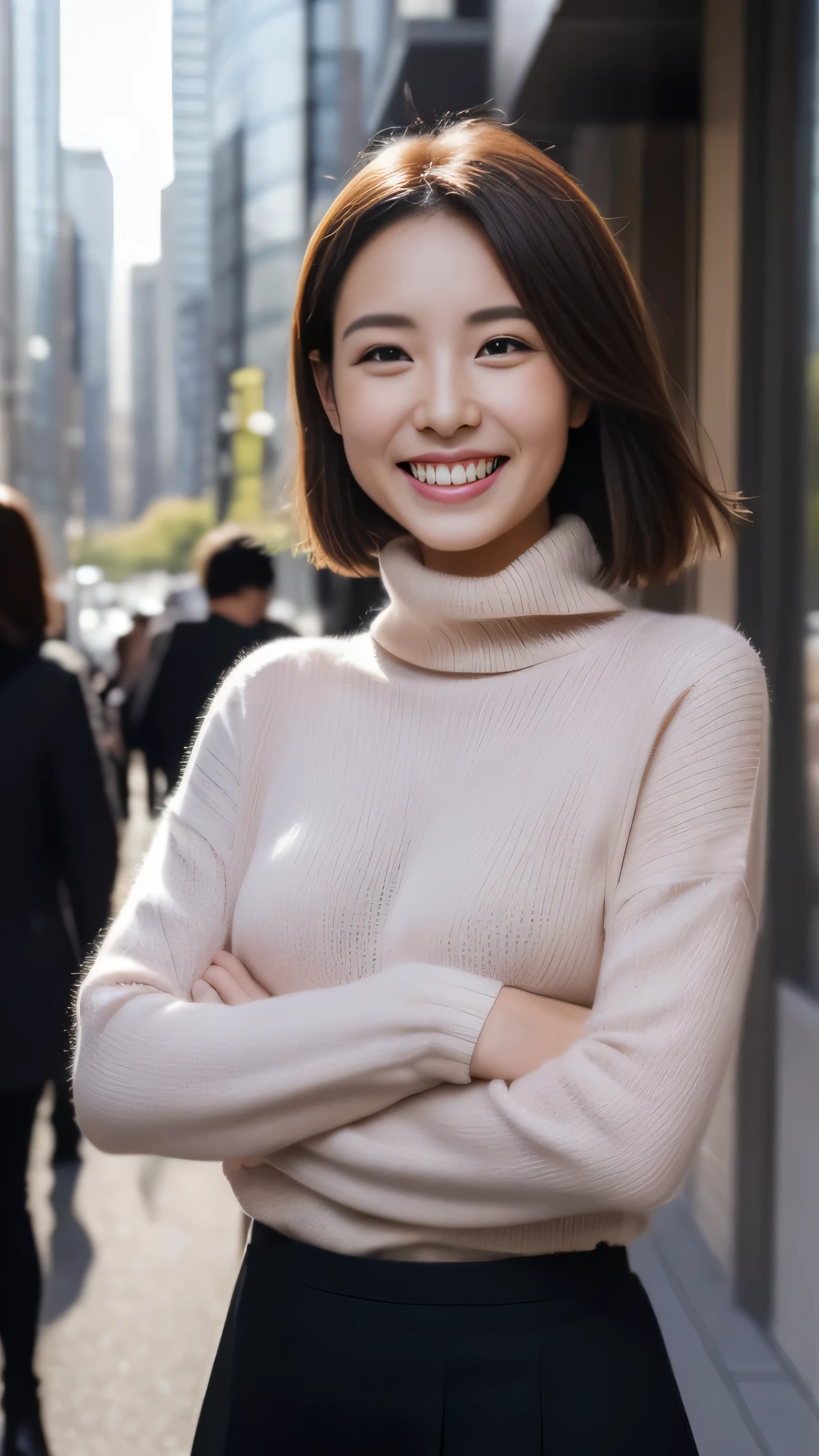 hostess face、sexy face、turtleneck wool sweater、skirt、High quality、Super realistic、healthy、smiling expression、perfect slender figure、Japanese beauty、 perfect eyes、Shining beautiful skin、upper part of the body、Tokyo skyscrapers