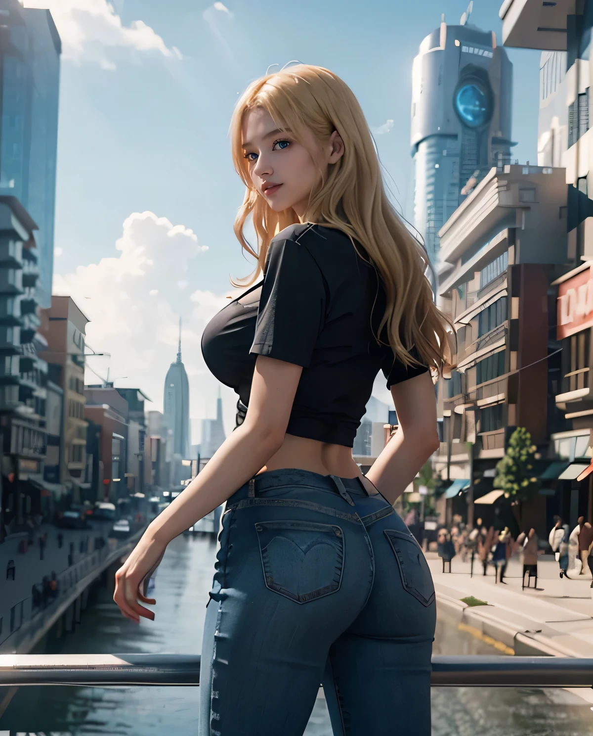 1 chica, (ojos azules), (Sonrisa), (Sana Minatozaki), (Caderas anchas), tetas grandes, (gran culo), (Mejor calidad, 8k, obra maestra: 1.3), manos perfectas, Enfoque claro: 1.2, Belleza del cuerpo perfecto: 1.4, ABS fuertes: 1.2, Textura de cara y piel muy detallada., ojos detallados, double eyelids, (pelo largo rubio), (Camiseta negra con escote), (vaqueros), de pie, dynamic pose, en las calles de una ciudad del futuro, Edificios futuristas en el fondo