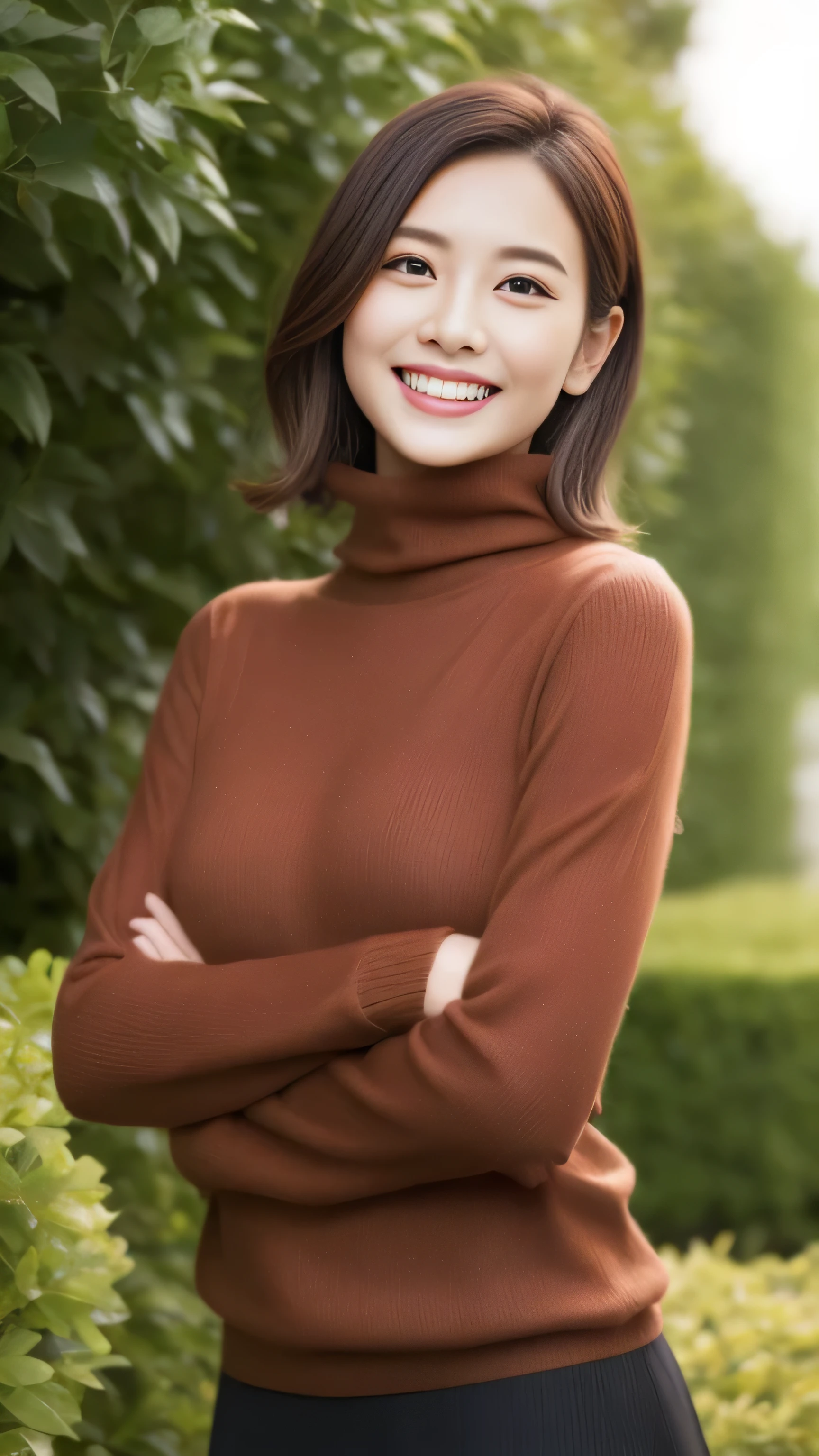 hostess face、sexy face、turtleneck wool sweater、skirt、High quality、Super realistic、healthy、smiling expression、perfect slender figure、Japanese beauty、 perfect eyes、Shining beautiful skin、upper part of the body、rose garden