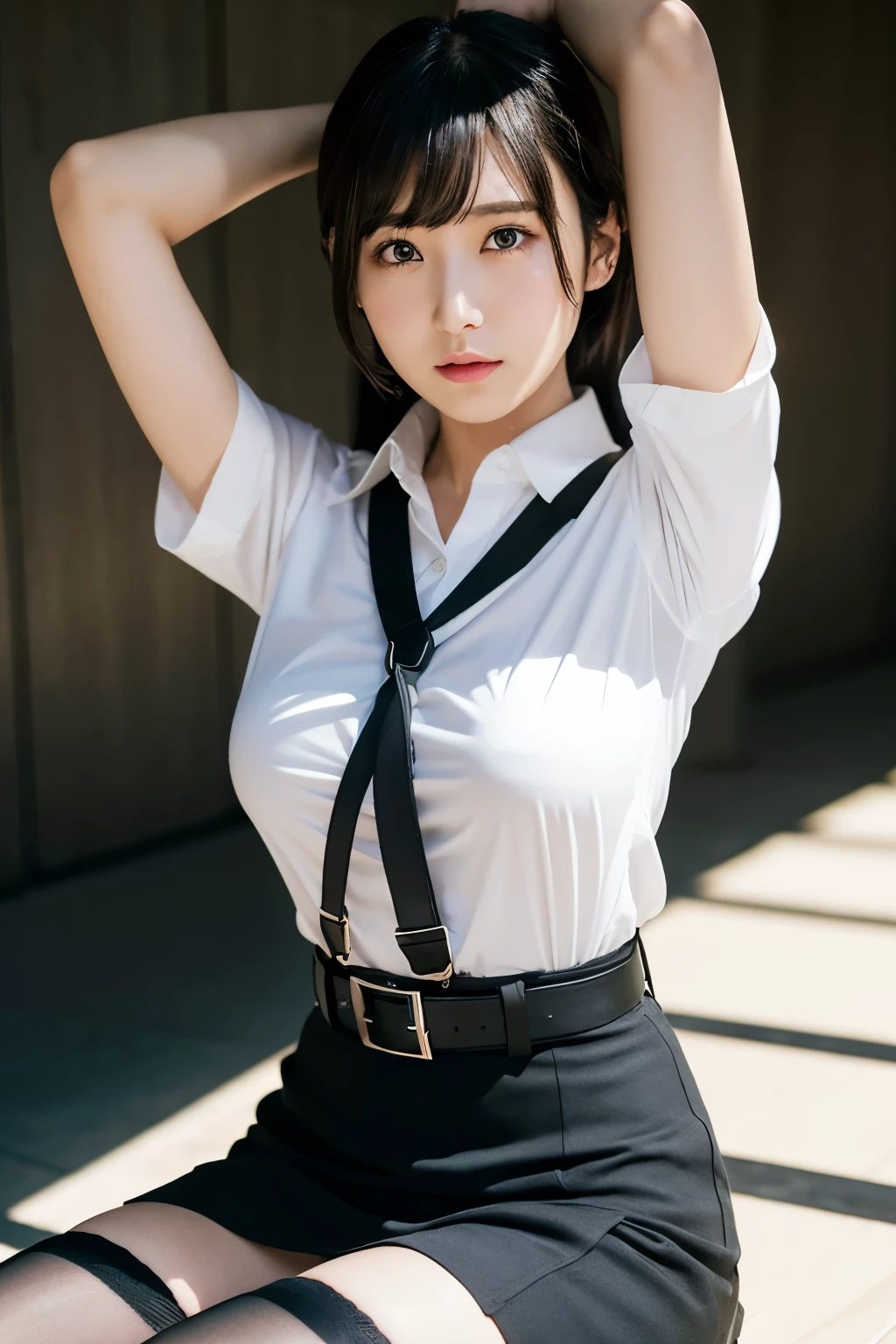 (masutepiece:1.2),High quality,vivd colour,flat-colors,Deep Depth Of Field,Lens Flare,1 girl,Black hair,eyecontact,Suit,Collared shirt, shirt unbuttoned, bare chest,medium breasts, Belt bag,suspenders,Professional,Office Lady,Mature Women,Black mini skirt　garterbelts　knee high　Stockings　Black Niso　Colorcon armpit sweat　perspiring　Side of both hands,Black jacket,Gaze,ample bosom,Armpit sweat,Exposing the armpits"Pichi Pichi clothes