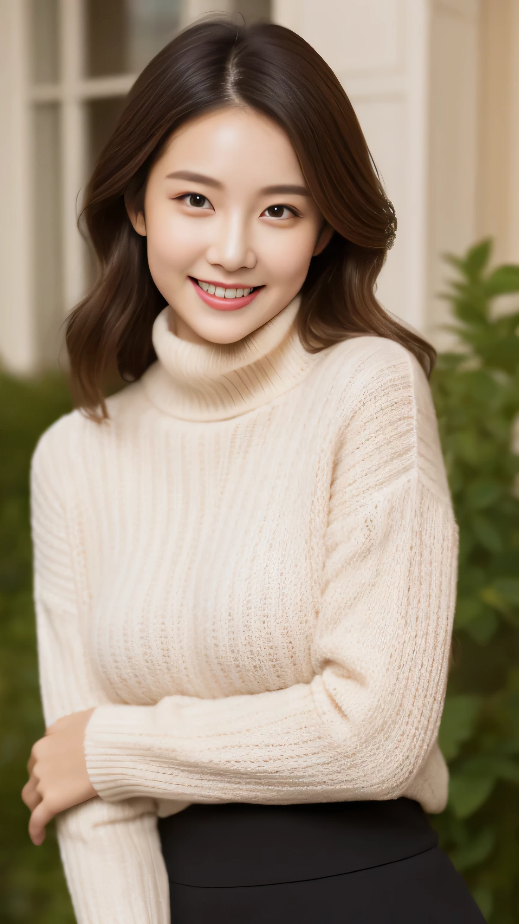 hostess face、sexy face、turtleneck wool sweater、skirt、High quality、Super realistic、healthy、smiling expression、perfect slender figure、Japanese beauty、 perfect eyes、Shining beautiful skin、upper part of the body、Rose in the background