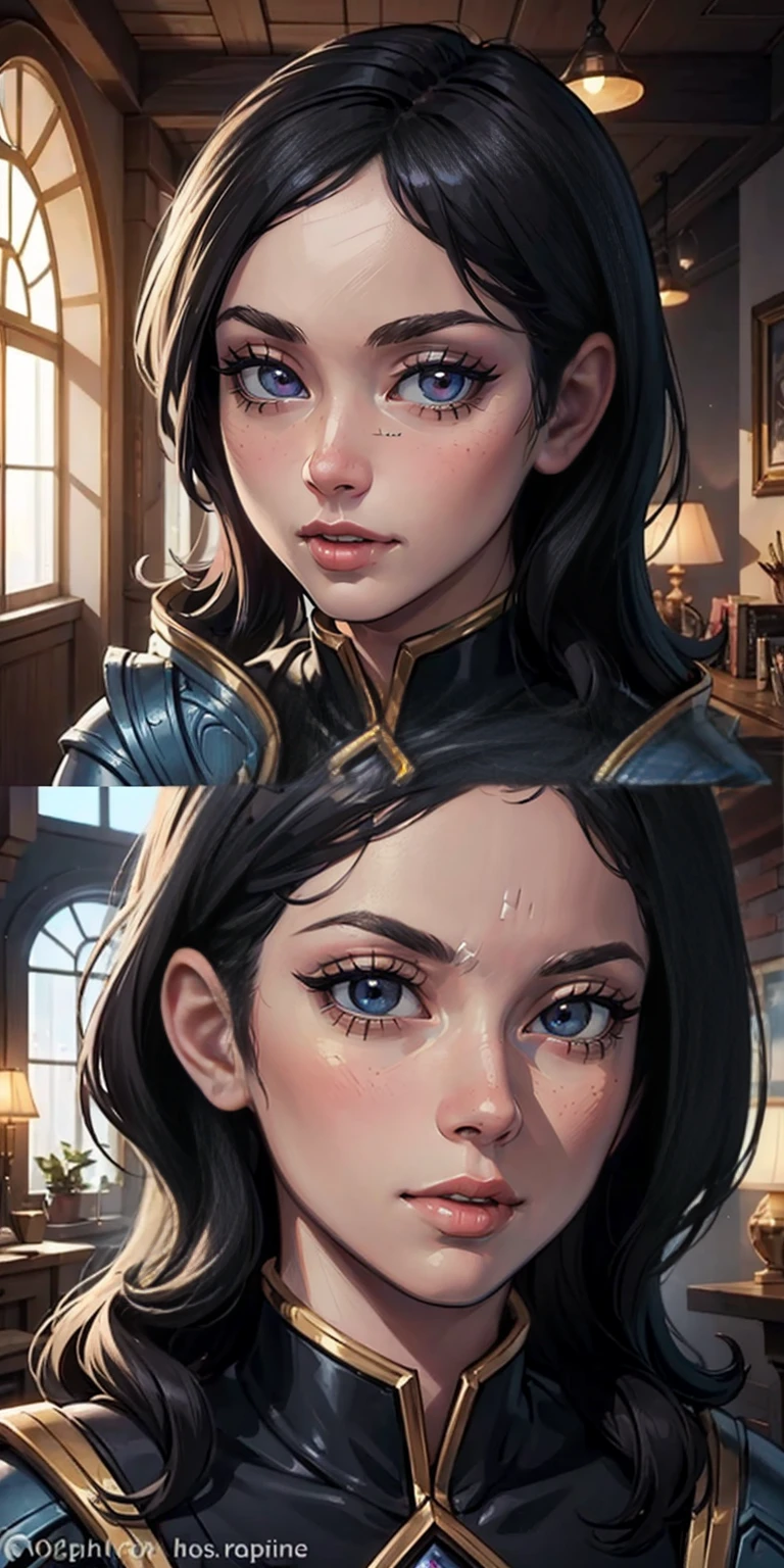master piece, very high quality, Official Art, Beautiful and Aesthetic: 1.2), ultra-detailed complex 3D rendering of the face, ultra-detailed eyes, ultra-detailed perfect nose, ultra-detailed perfect glossy mouth, seraphine league of the legends.