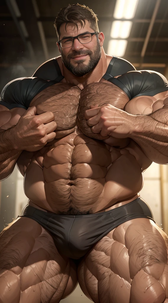 An award-winning original photo，A wild muscular man, (40 years old daddy:1.1), 1boy, Solo, (big shoulders), musculature, stubbles, Short beard, Beautiful eyes:1.3, ), (Detailed face:1.3), wearing glasses, smiles, Dynamic Angle, volumetric lighting, (Best quality, A high resolution, Photorealistic), Cinematic lighting, Masterpiece, RAW photo, Intricate details, hdr, depth of field, full body, sweaty, hairy chest, hairy arms, hairy belly, hairy legs, hairy feet, big underwear bulge, hairy back, bare butt, hairy butt