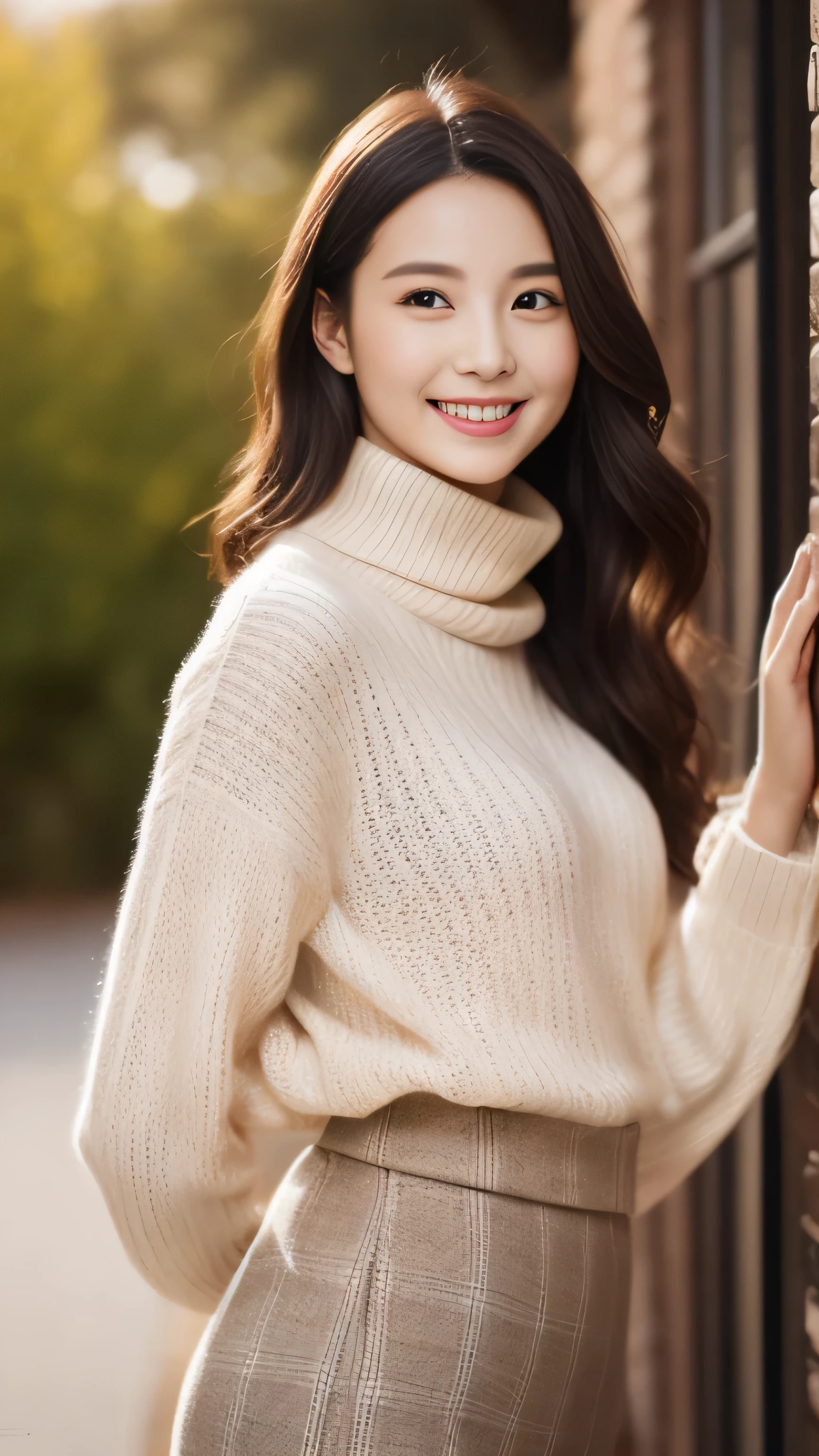 hostess face、sexy face、turtleneck wool sweater、skirt、High quality、Super realistic、healthy、smiling expression、perfect slender figure、Japanese beauty、 perfect eyes、Shining beautiful skin、upper part of the body、Rose in the background