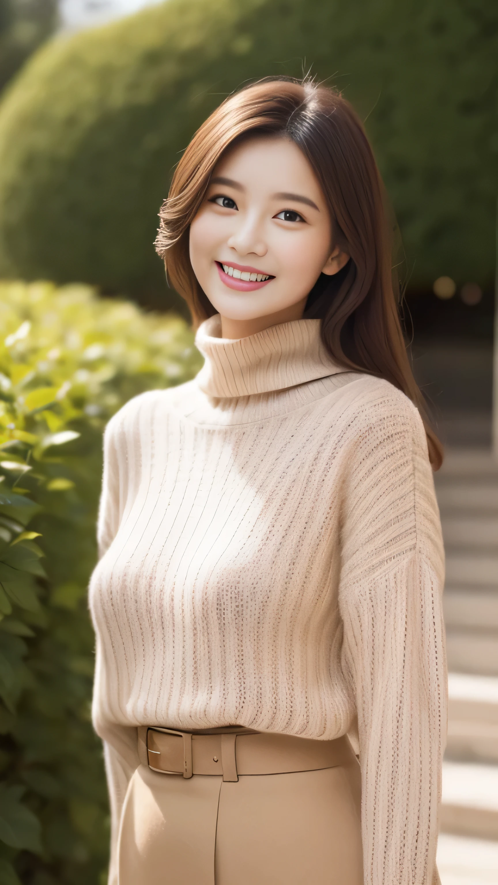hostess face、sexy face、turtleneck wool sweater、skirt、High quality、Super realistic、healthy、smiling expression、perfect slender figure、Japanese beauty、 perfect eyes、Shining beautiful skin、upper part of the body、The background is a rose flower