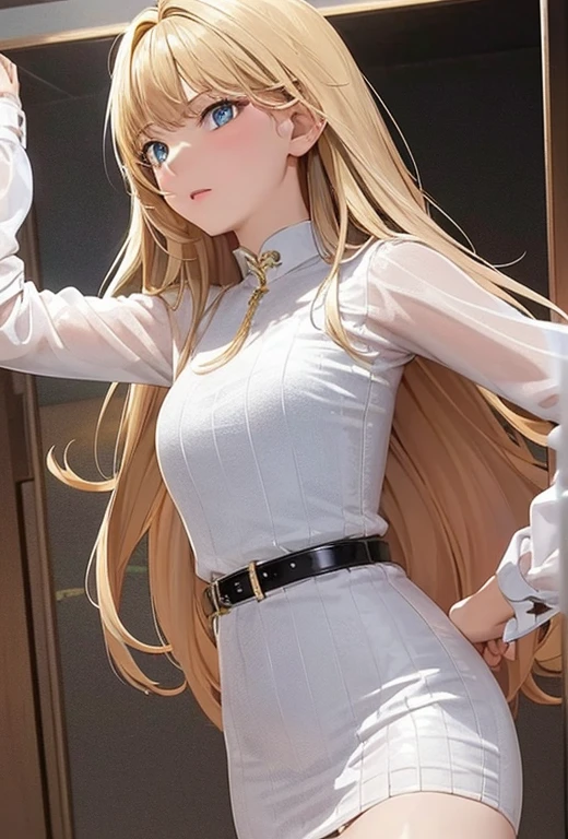 masterpiece++, best quality++, ultra-detailed+, extremely detailed++, 4K, 8K+, best quality, beautiful+, anime style,1person,full body image,room,girly white mimi onepiece dress,leather belt,tight belt,beautiful straight brown hair,beautiful blue eyes, beautiful eyes++,long straight hair