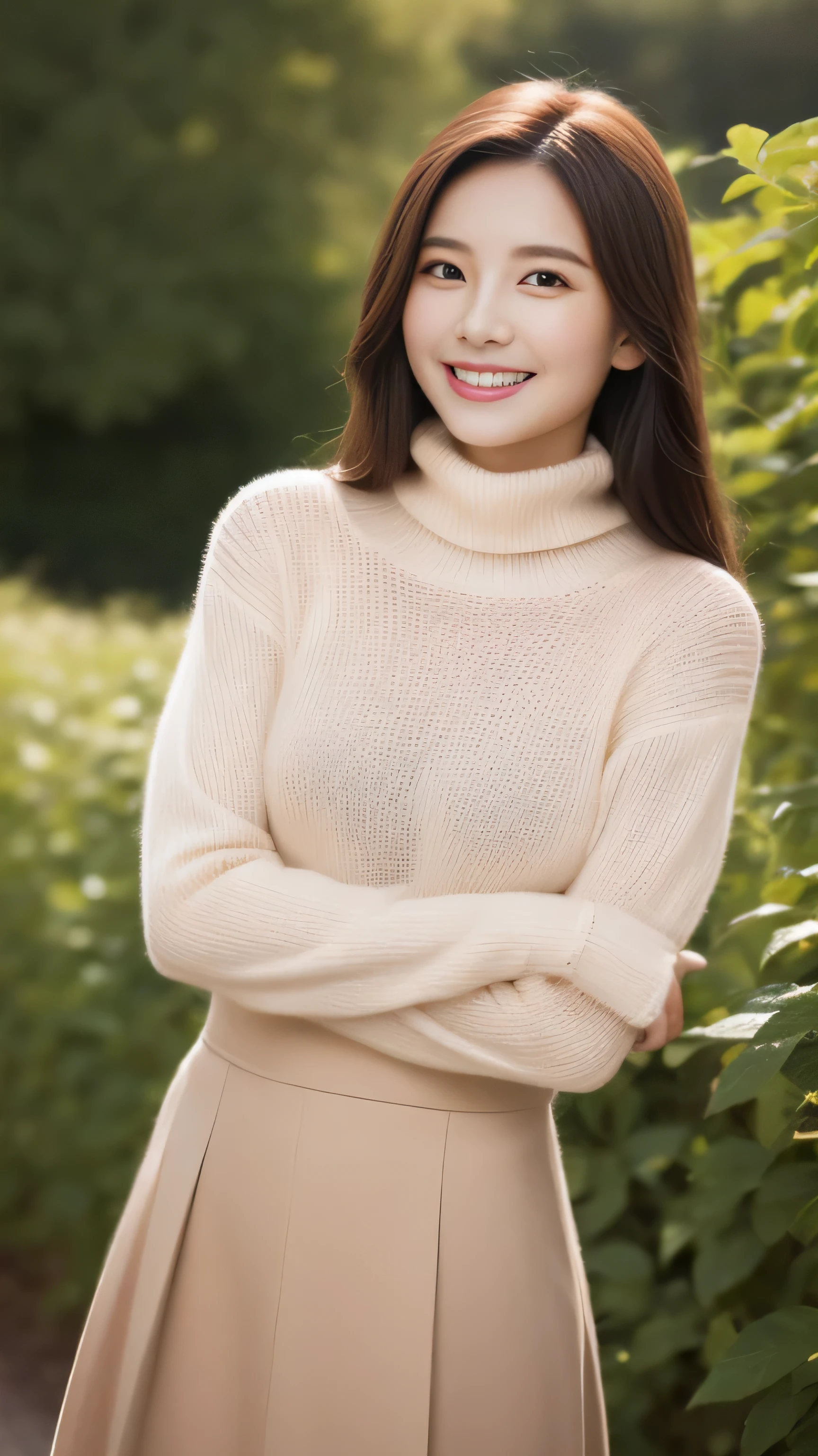 hostess face、sexy face、turtleneck wool sweater、skirt、High quality、Super realistic、healthy、smiling expression、perfect slender figure、Japanese beauty、 perfect eyes、Shining beautiful skin、upper part of the body、Background is very many red rose flowers