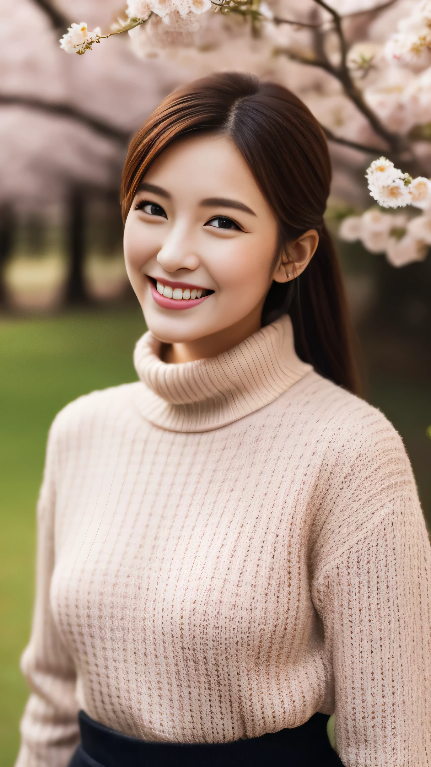 hostess face、sexy face、turtleneck wool sweater、skirt、High quality、Super realistic、healthy、smiling expression、perfect slender figure、Japanese beauty、 perfect eyes、Shining beautiful skin、upper part of the body、Cherry tree in the background