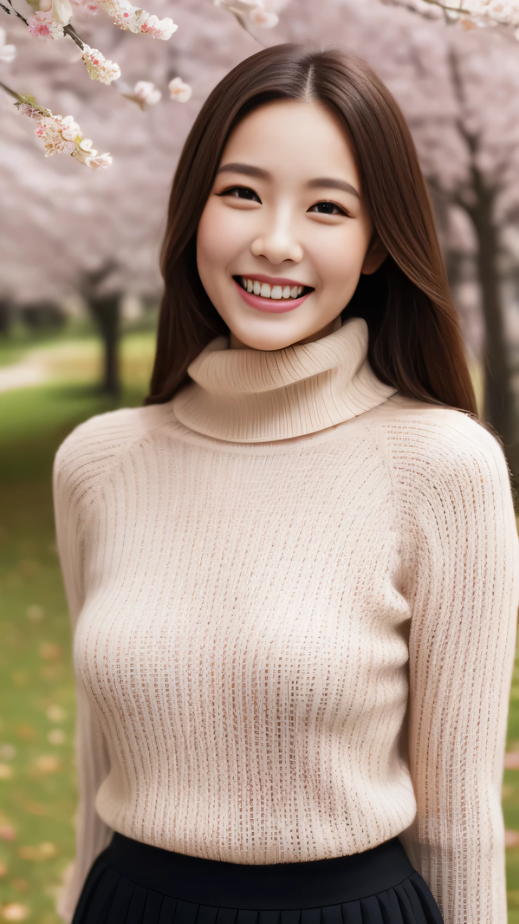 hostess face、sexy face、turtleneck wool sweater、skirt、High quality、Super realistic、healthy、smiling expression、perfect slender figure、Japanese beauty、 perfect eyes、Shining beautiful skin、upper part of the body、Cherry tree in the background