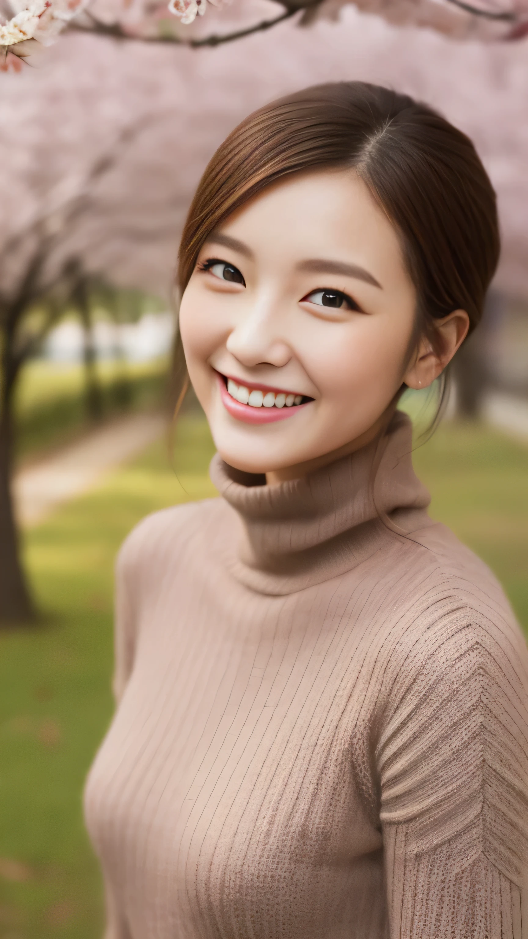 hostess face、sexy face、turtleneck wool sweater、skirt、High quality、Super realistic、healthy、smiling expression、perfect slender figure、Japanese beauty、 perfect eyes、Shining beautiful skin、upper part of the body、Cherry tree in the background