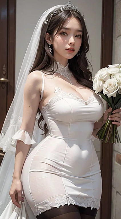 Araffe is wearing a white dress and stockings, holding a bouquet of flowers. This is a realistic painting inspired by the island Ayami, Tumblr, Renaissance, and smooth white tight fitting suit. Thicc, full length and white stockings, white silky smooth suit, clear curve details, mature women, huge breasts, cleavage, wedding dress, sexy dress, beautiful white clothes, wedding dress, and white clothes