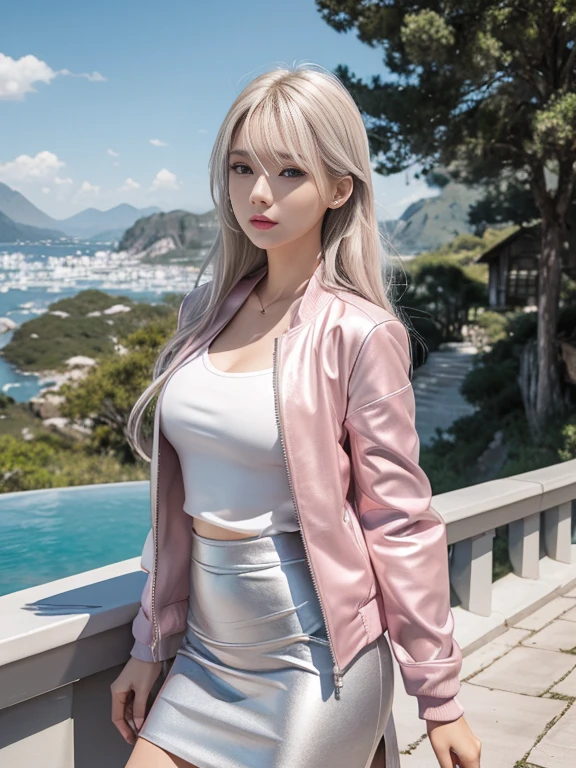 8K, highest quality, RAW photo, ultra high resolution silver blonde silver hair eyes are pink cool beauty thin eyebrows alone droopy eyes glamorous mouth white casual jacket light pink inner shirt black leather long skirt Sparkling fantastic scenery Panoramic shooting Minimize exposure as much as possible larger fabric area