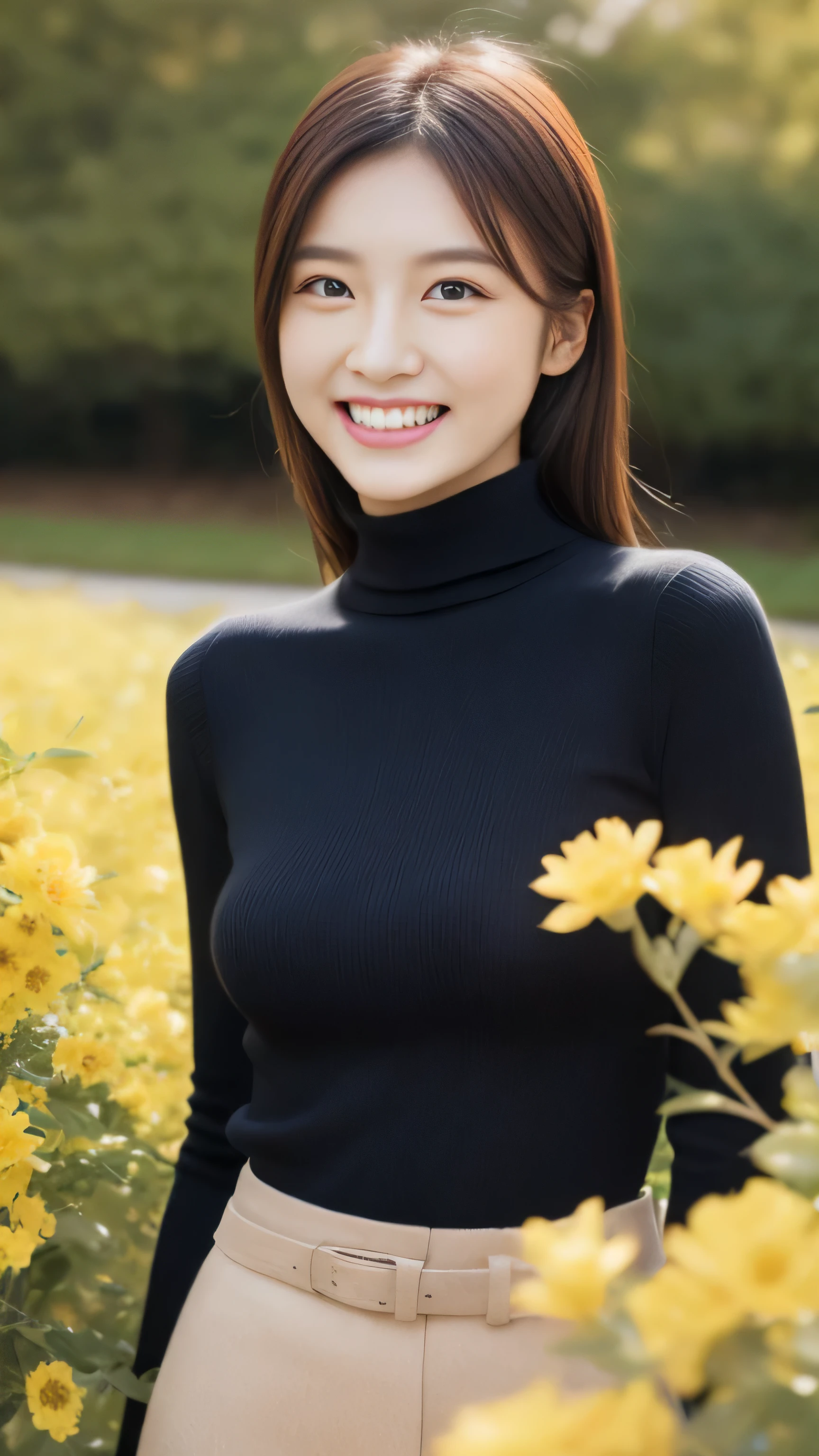 hostess face、sexy face、turtleneck wool sweater、skirt、High quality、Super realistic、healthy、smiling expression、perfect slender figure、Japanese beauty、 perfect eyes、Shining beautiful skin、upper part of the body、The background is yellow flowers