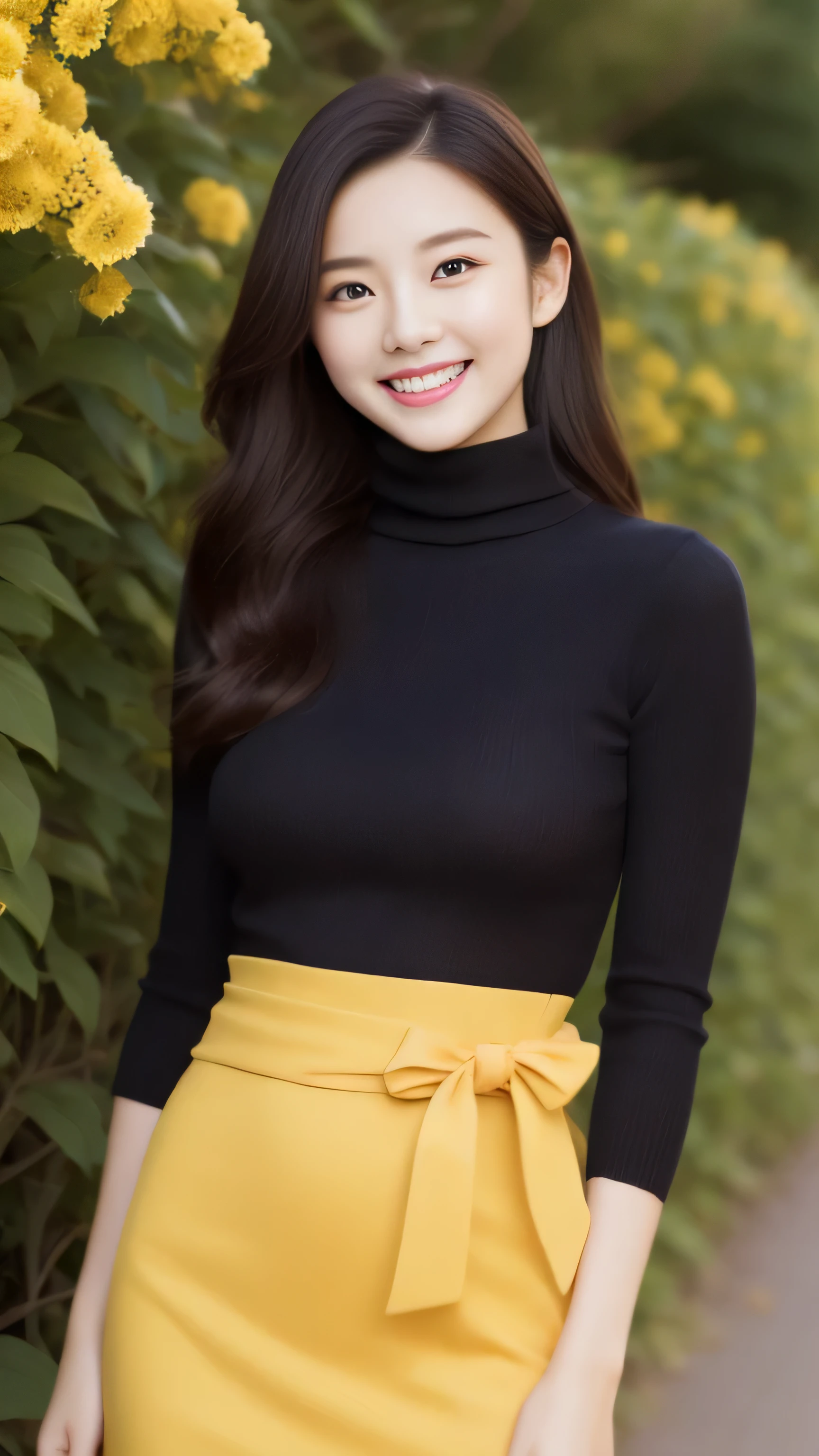 hostess face、sexy face、turtleneck wool sweater、skirt、High quality、Super realistic、healthy、smiling expression、perfect slender figure、Japanese beauty、 perfect eyes、Shining beautiful skin、upper part of the body、The background is yellow flowers