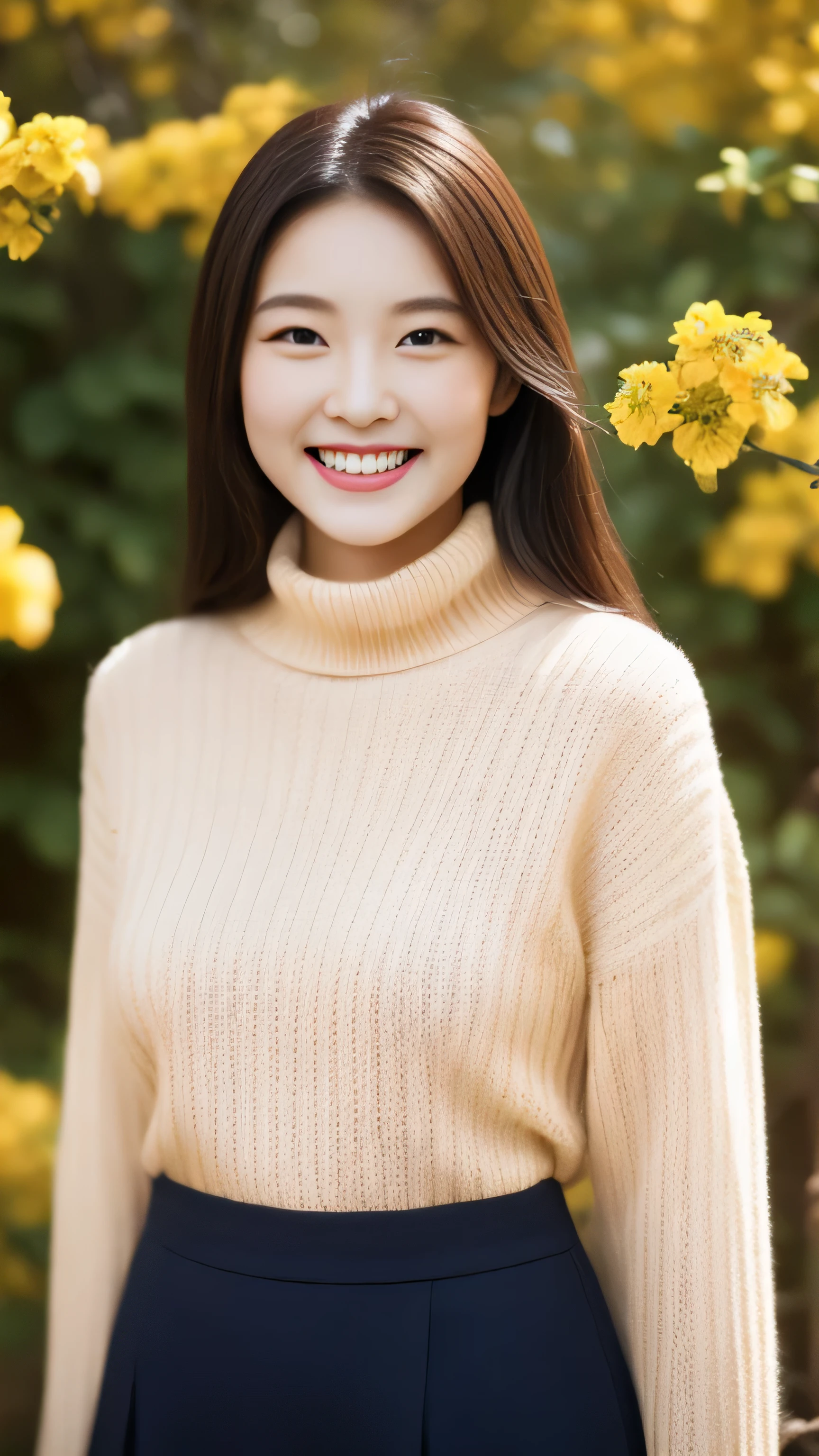 hostess face、sexy face、turtleneck wool sweater、skirt、High quality、Super realistic、healthy、smiling expression、perfect slender figure、Japanese beauty、 perfect eyes、Shining beautiful skin、upper part of the body、The background is yellow flowers