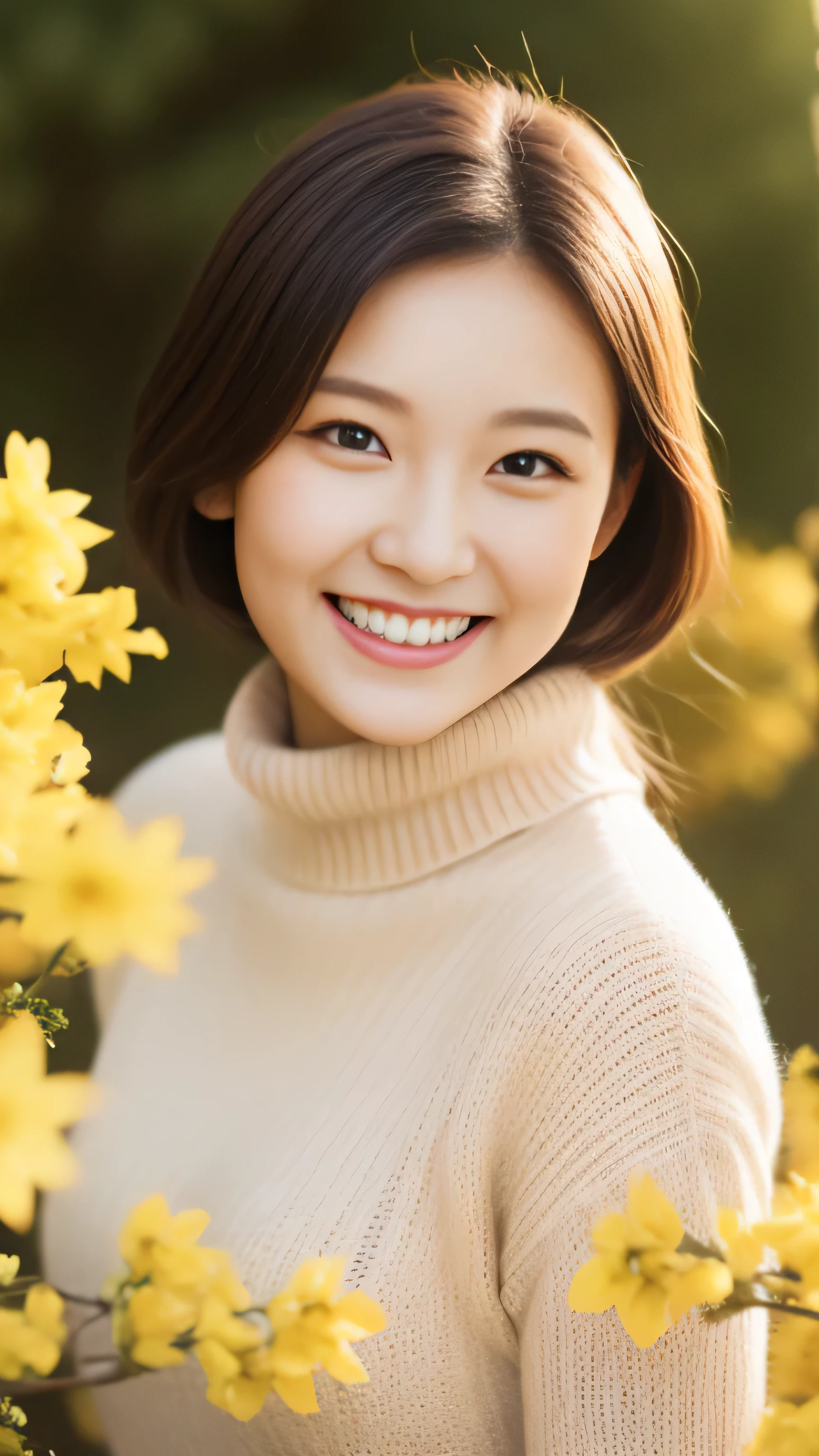 hostess face、sexy face、turtleneck wool sweater、skirt、High quality、Super realistic、healthy、smiling expression、perfect slender figure、Japanese beauty、 perfect eyes、Shining beautiful skin、upper part of the body、The background is yellow flowers
