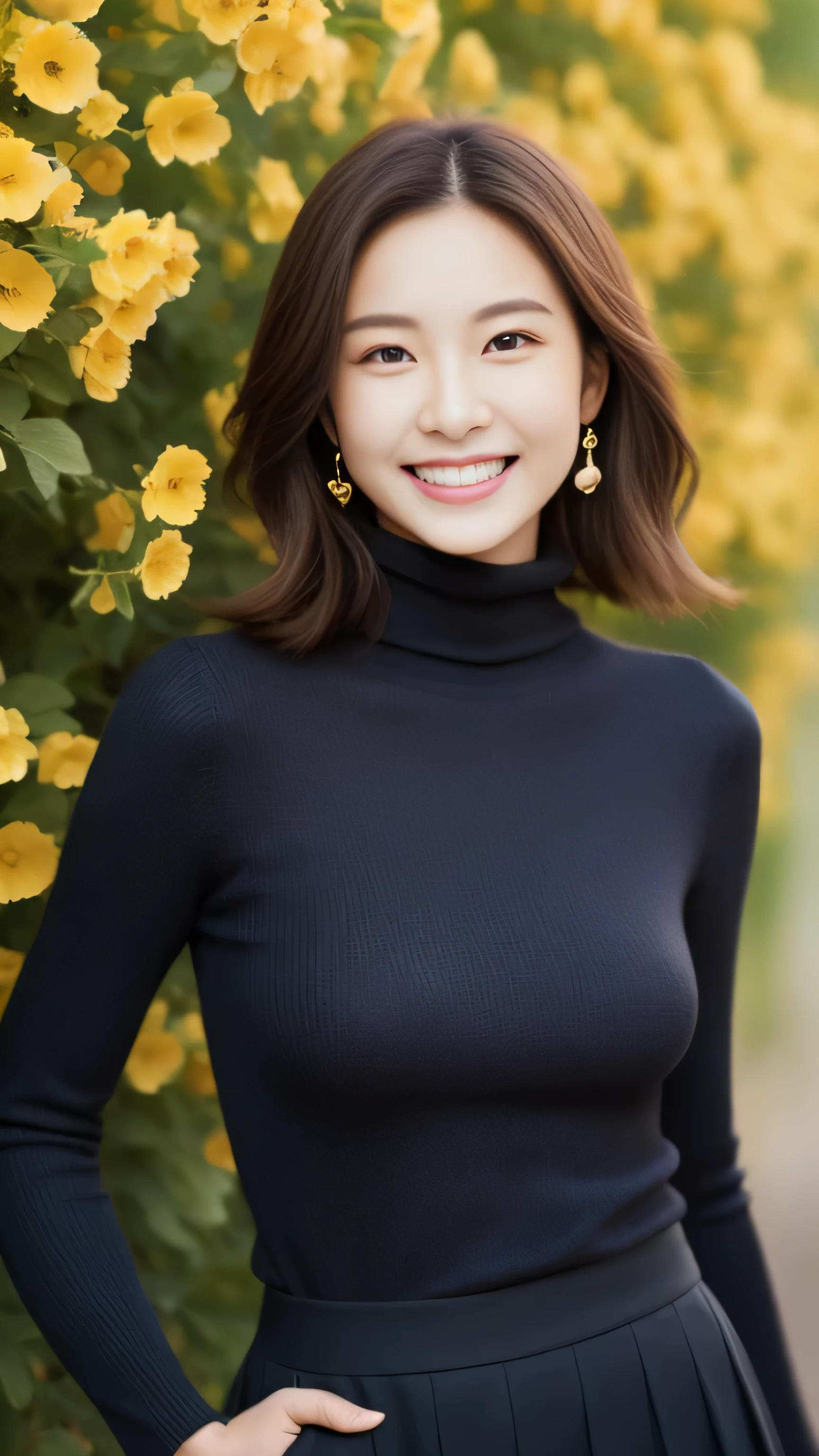 hostess face、sexy face、turtleneck wool sweater、skirt、High quality、Super realistic、healthy、smiling expression、perfect slender figure、Japanese beauty、 perfect eyes、Shining beautiful skin、upper part of the body、The background is yellow flowers
