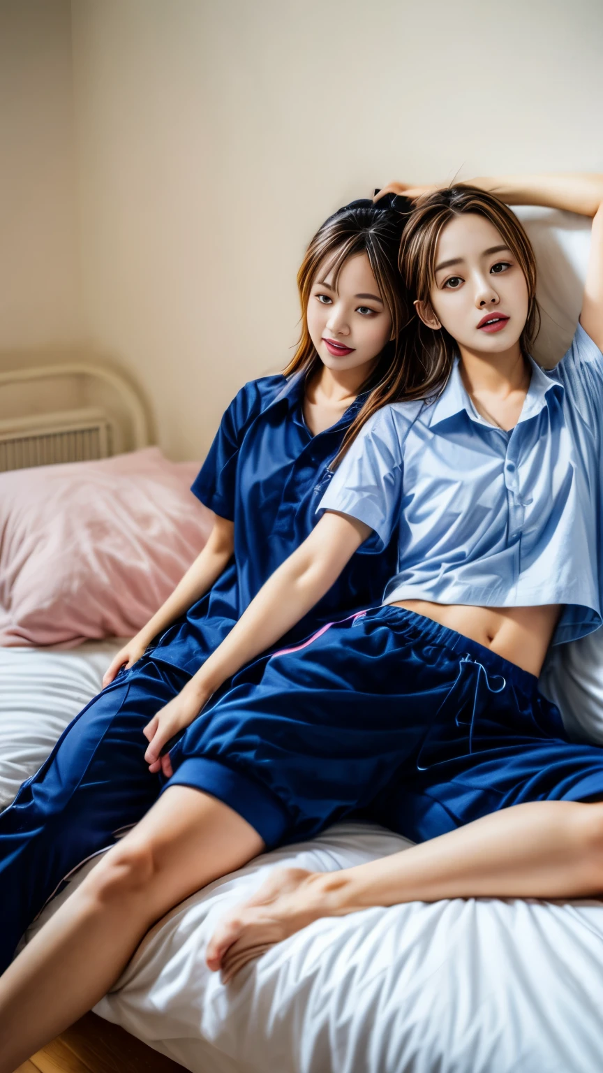 2 girls in bed, Navy blue short-sleeved shirt,Navy Long Trackpant,Sweatpants, Sweatpantsขายาว, lying on the bed., หญิงรักhave sex, coax, Sexual arousal, Realistic poses, exercise clothes, exercise clothes, have sex, Realistic gestures