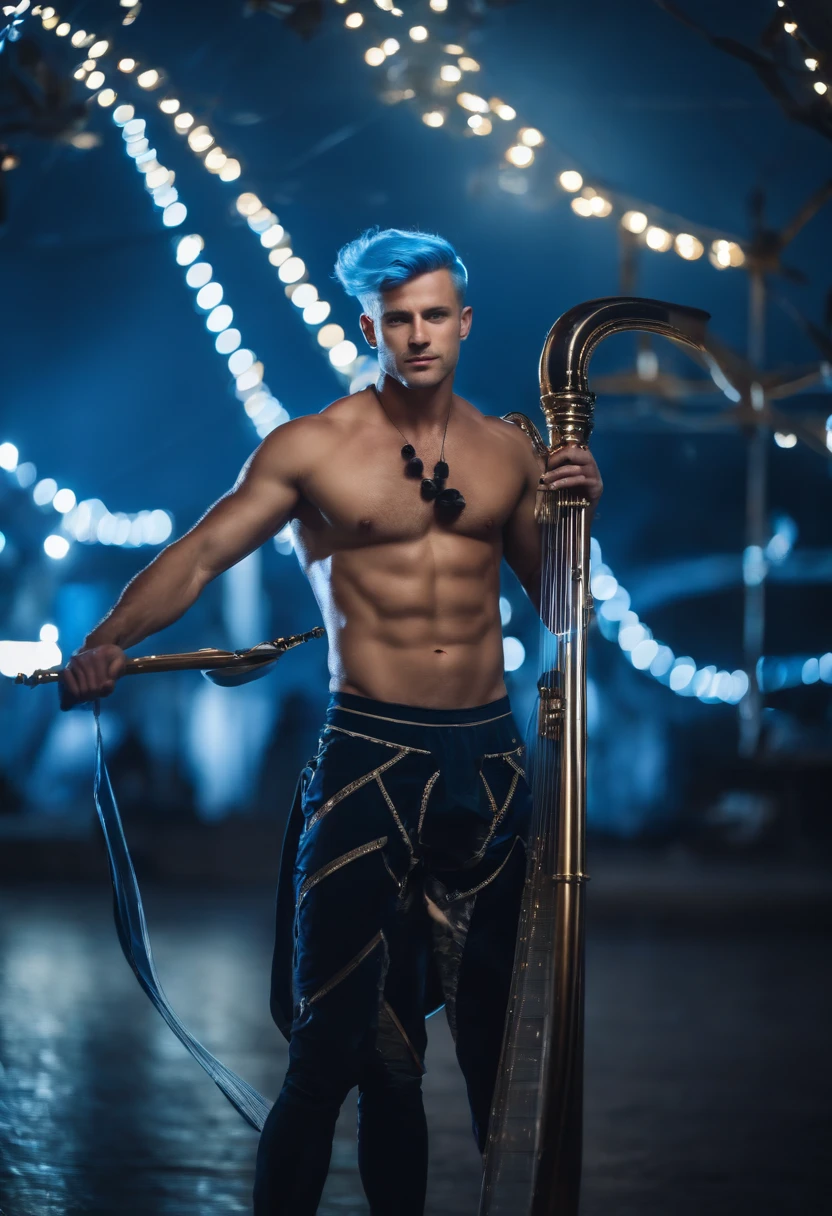 male model Muscle man big muscle, abs, Caucasian, whit blue Bixie hair flown to the air and 30 years old, wearing a sailor mercury outfit (sky blue). doing dynamic pose, with water musical instrument harp. in black city background whit blue bubbles around, bubbles, lights , flashes of light. Full Shot, high definition, perfect detail, photo, photorealistic