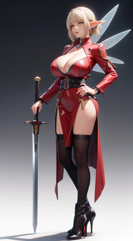 A close-up of a woman wearing a costume holding a sword, 3D rendering of character art 8k, April rendering, Mirabelle Madrid Gale rendering, cute 3D anime girl rendering, full body fairy tale, mature woman, huge breasts, cleavage, V from the devil may cry into an elf, 8k octae rendering photo, angel knight girl,
