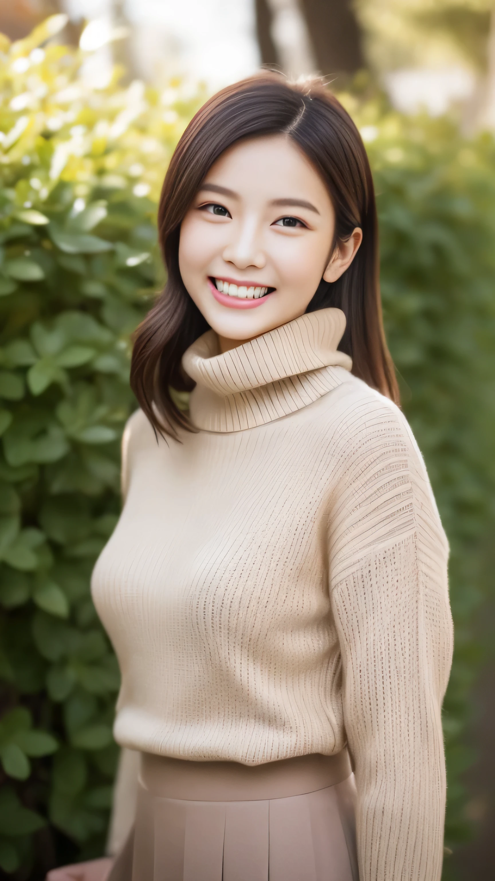 hostess face、sexy face、turtleneck wool sweater、skirt、High quality、Super realistic、healthy、smiling expression、perfect slender figure、Japanese beauty、 perfect eyes、Shining beautiful skin、upper part of the body、The background is a flower park