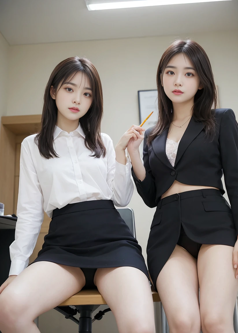 female duo、finely, High resolution, high quality、、perfect dynamic composition, ponytail、beautiful and detailed eyes, from below、from below、sit in a desk chair at work、sit in a chair、lace panties、Two-handed piece、Sit side by side and spread your legs to the left and right.、look at the camera、random pose、 23 years old、2 persons、suit、pencil skirt、Panty stocking、friend with beautiful legs　