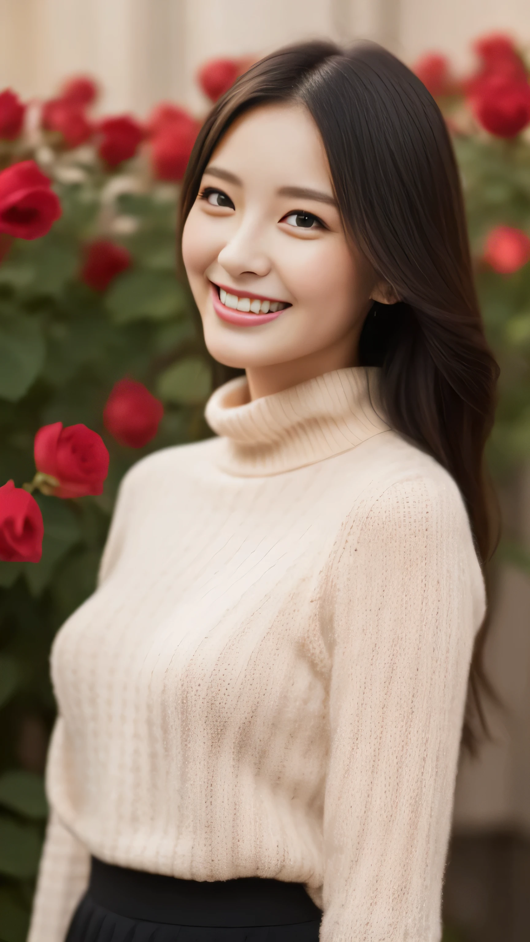 hostess face、sexy face、turtleneck wool sweater、skirt、High quality、Super realistic、healthy、smiling expression、perfect slender figure、Japanese beauty、 perfect eyes、Shining beautiful skin、upper part of the body、Background is very many red rose flowers