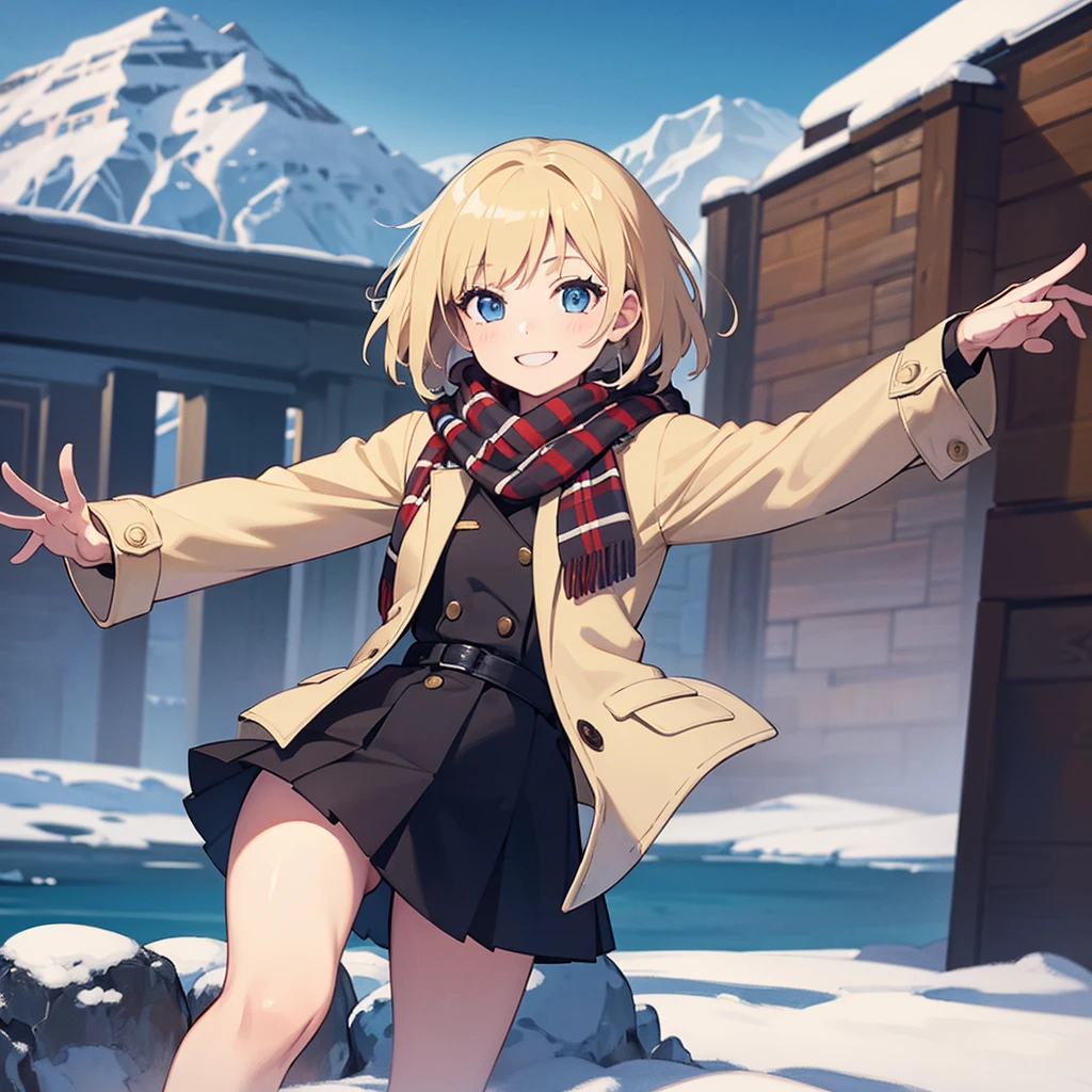Masterpiece, solo, 1girl, smiling, scarf, coat, short skirt, short blonde hair, Banff Canada