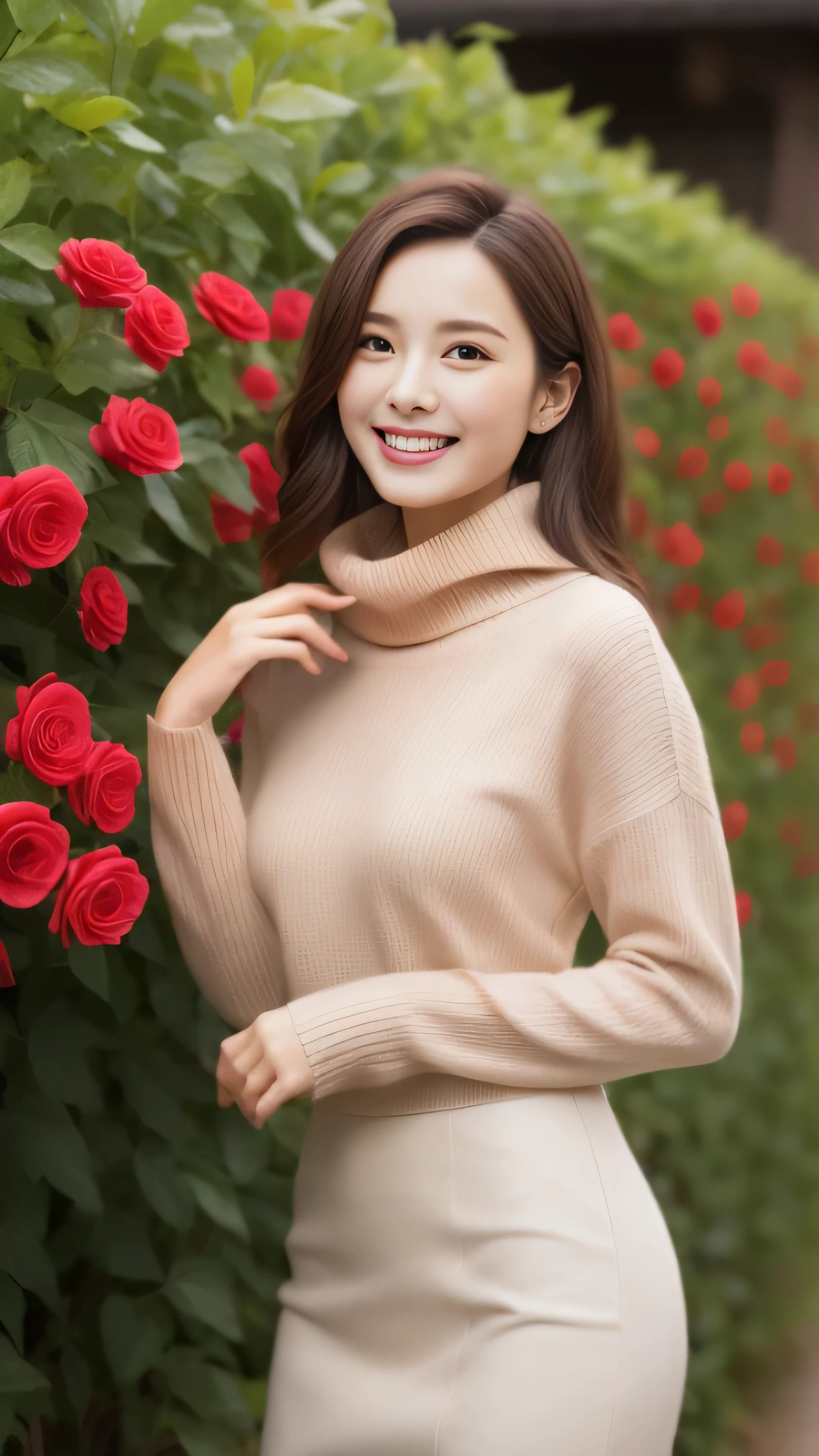 hostess face、sexy face、turtleneck wool sweater、skirt、High quality、Super realistic、healthy、smiling expression、perfect slender figure、Japanese beauty、 perfect eyes、Shining beautiful skin、upper part of the body、Background is very many red rose flowers