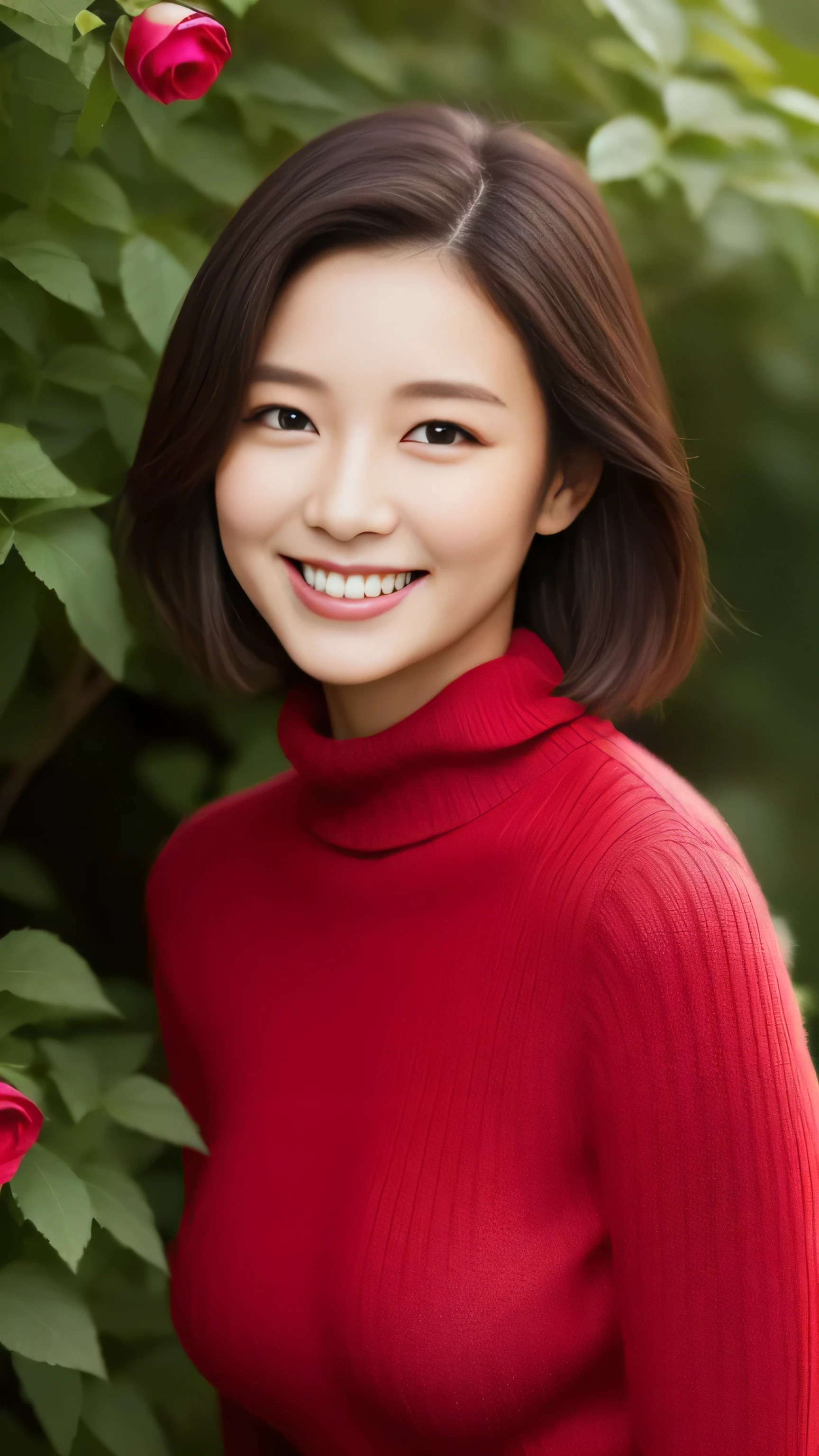 hostess face、sexy face、turtleneck wool sweater、skirt、High quality、Super realistic、healthy、smiling expression、perfect slender figure、Japanese beauty、 perfect eyes、Shining beautiful skin、upper part of the body、Background is very many red rose flowers