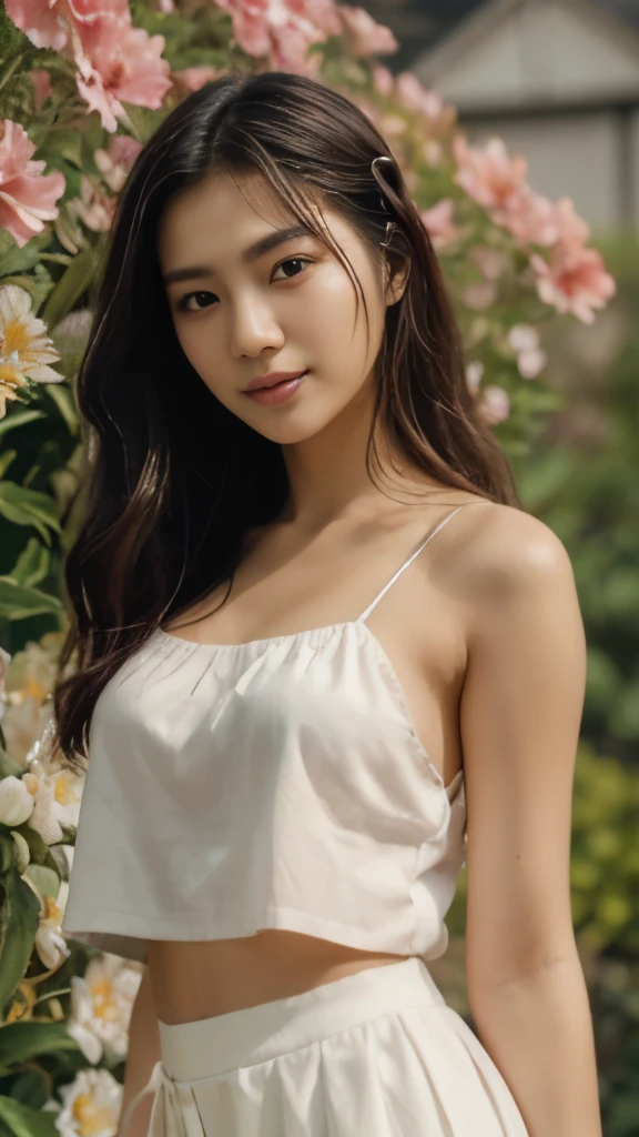 (haft body, portrait: 1.4), ((Best Quality, 8K, unreal engine, Masterpiece:1.3)), hyperrealistics style, (Image, Photograph), (Imada Mio:1.0), (Jisoo:0.5), Photos of young Japanese women named Haruka, 27 years old, beautiful face, very small chest, long black hair, white skin, light eyebrow, (White Shirt, Pink Skirt), double eyelids, standing in front of flower garden, sunshine, warm, looking at the viewers, highly detailed glossy eyes, high detailed skin, skin pores, beautiful, super fine face, exquisitely rendered details on face and skin texture, organic, stunningly beauty, soft and smooth body, smile, diffuse lighting, ornate, smooth