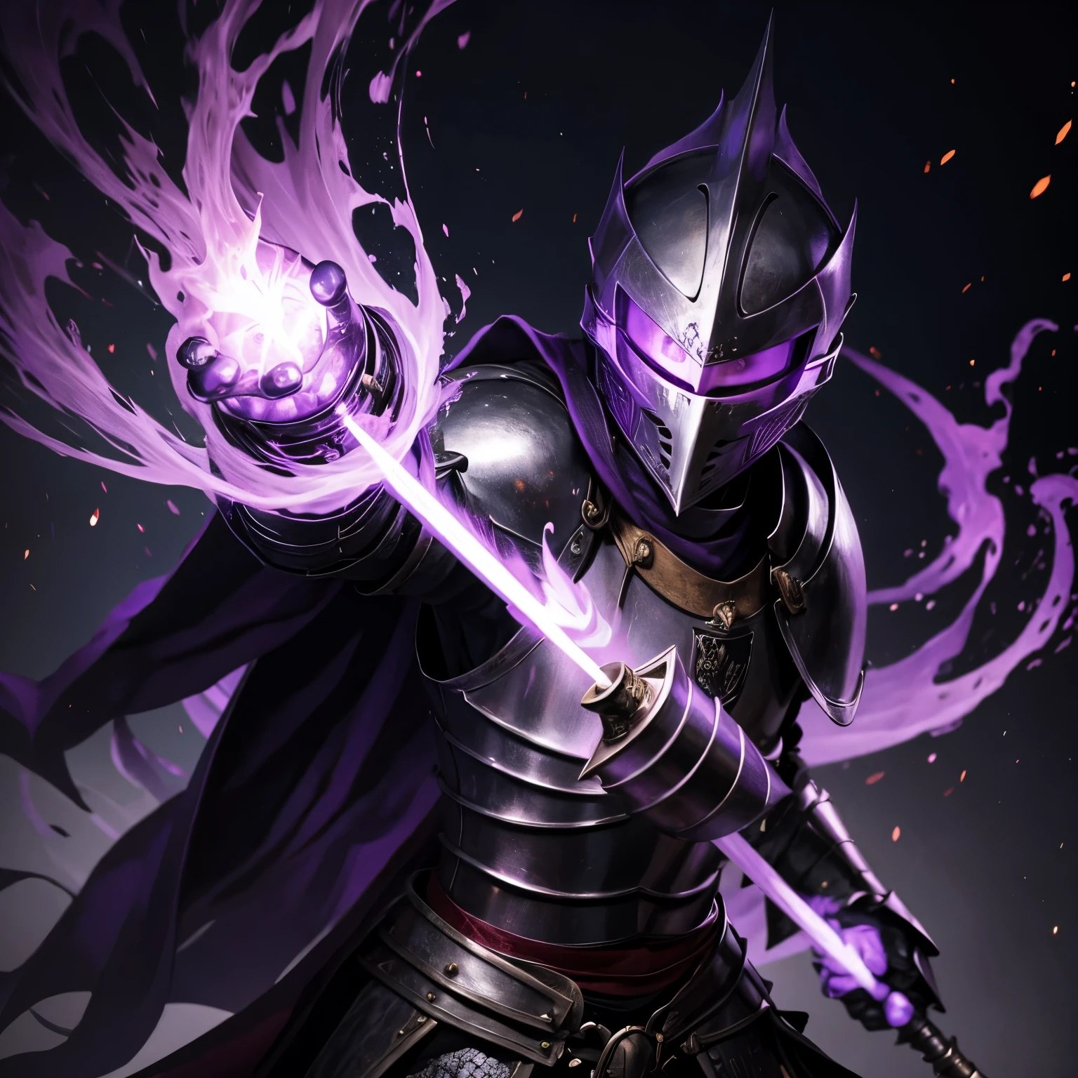 A knight with a of purple flame