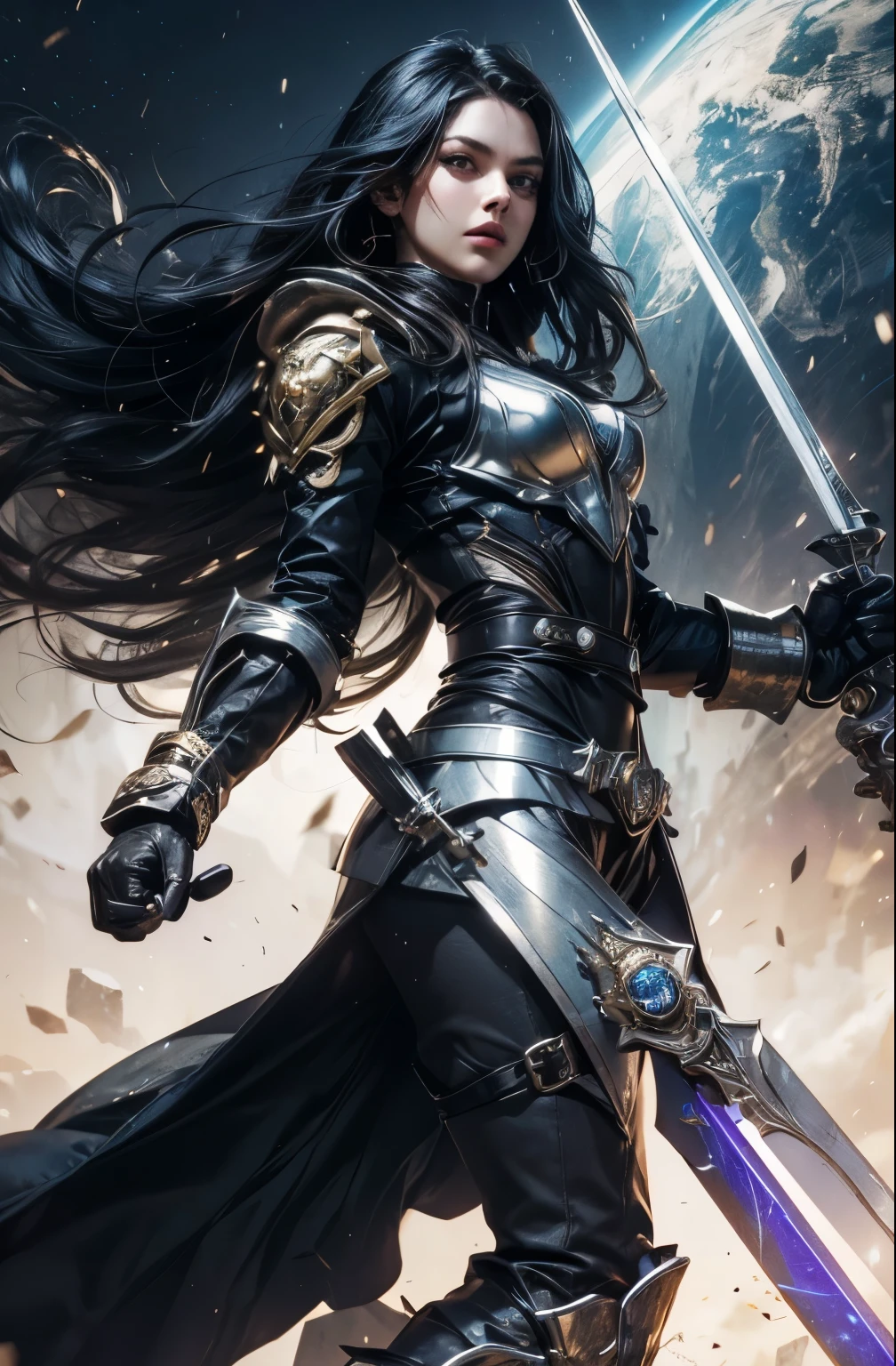 A beautiful woman. He has long black hair. She wears a metallic black battle uniform. There is something on his waist that is reminiscent of Kamen Rider's transformation belt. She holds a sword in both hands. She's inside a spaceship. Twenty years old.