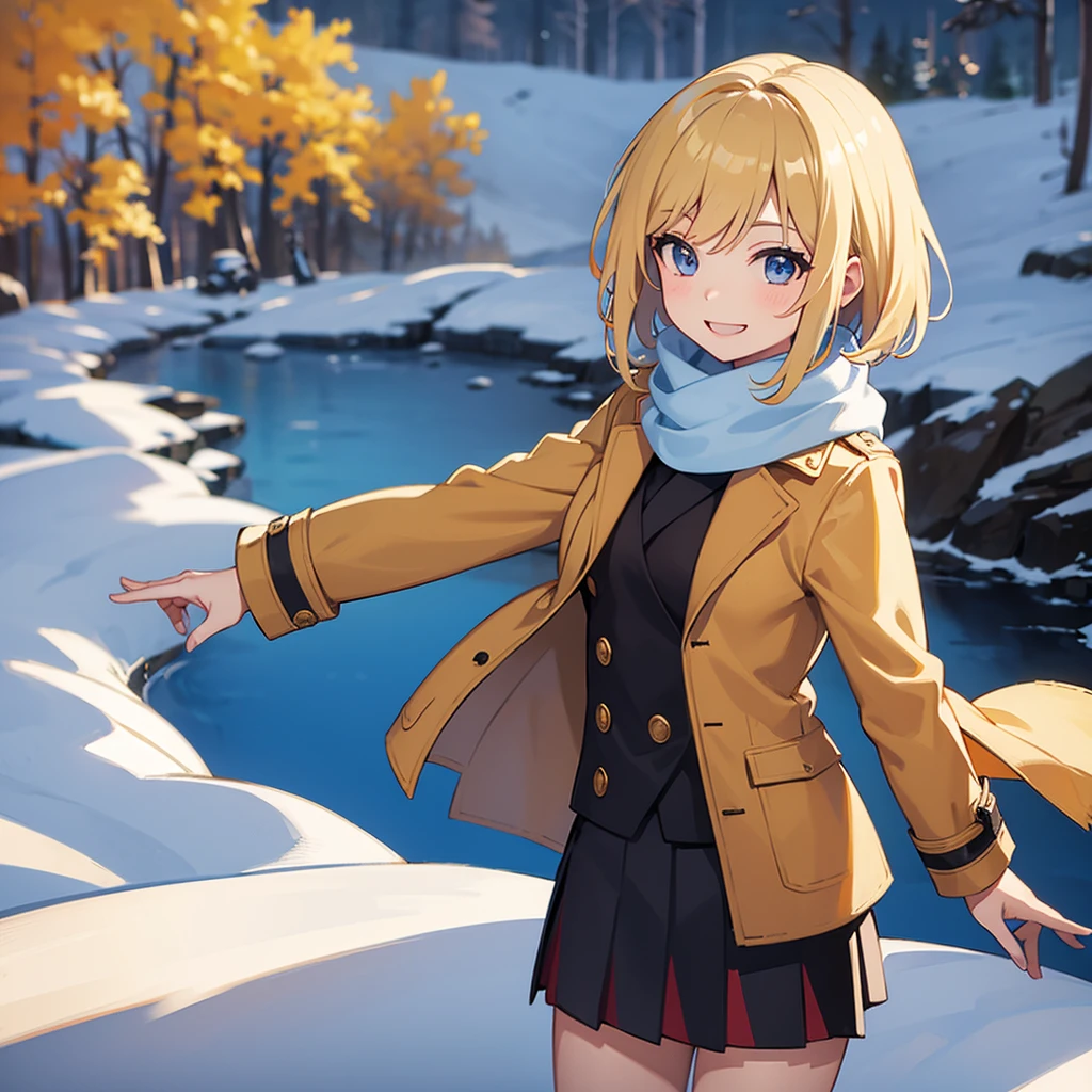 Masterpiece, solo, 1girl, smiling, scarf, coat, short skirt, short blonde hair, Banff Canada