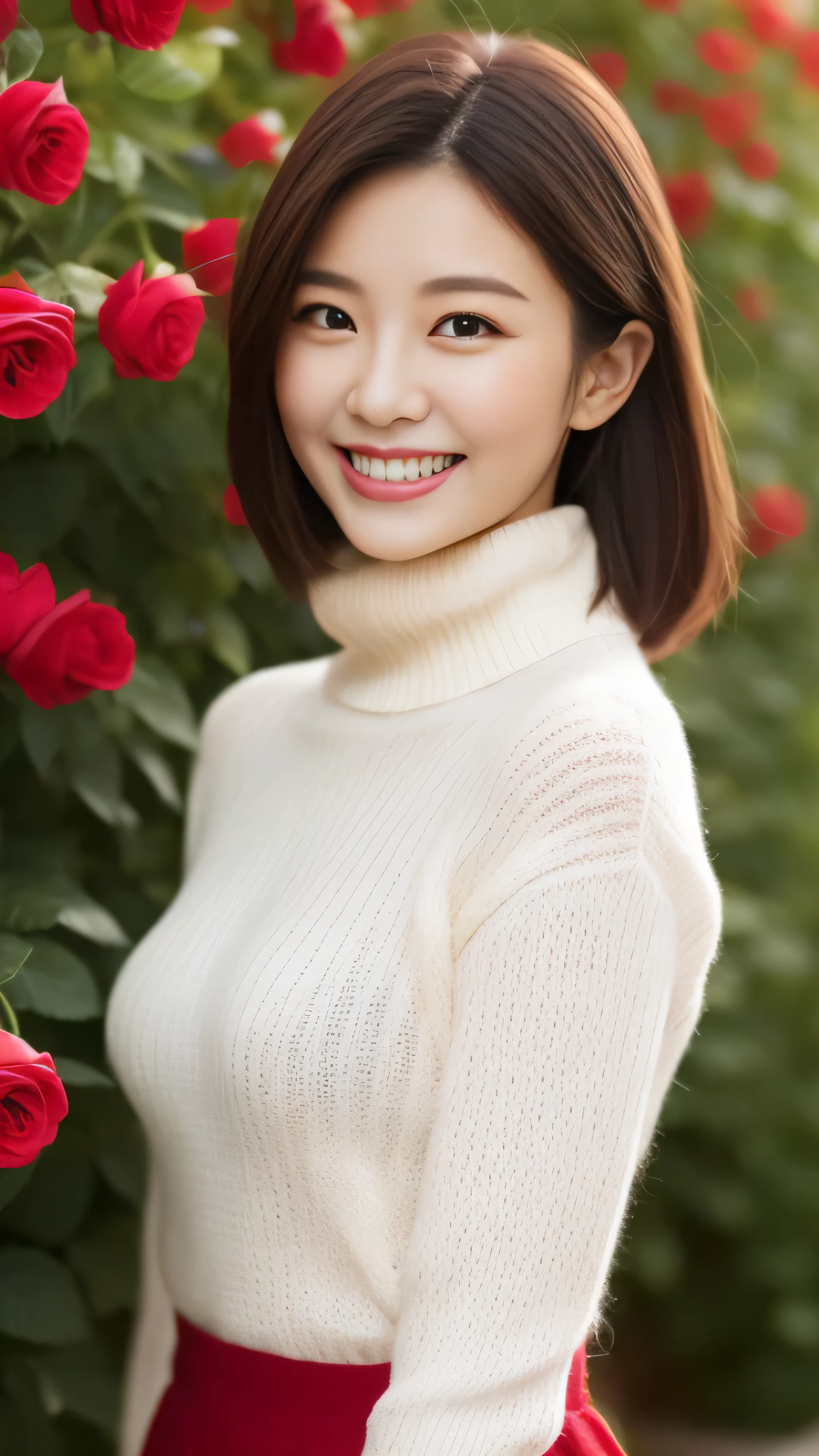 hostess face、sexy face、turtleneck wool sweater、skirt、High quality、Super realistic、healthy、smiling expression、perfect slender figure、Japanese beauty、 perfect eyes、Shining beautiful skin、upper part of the body、Background is very many red rose flowers