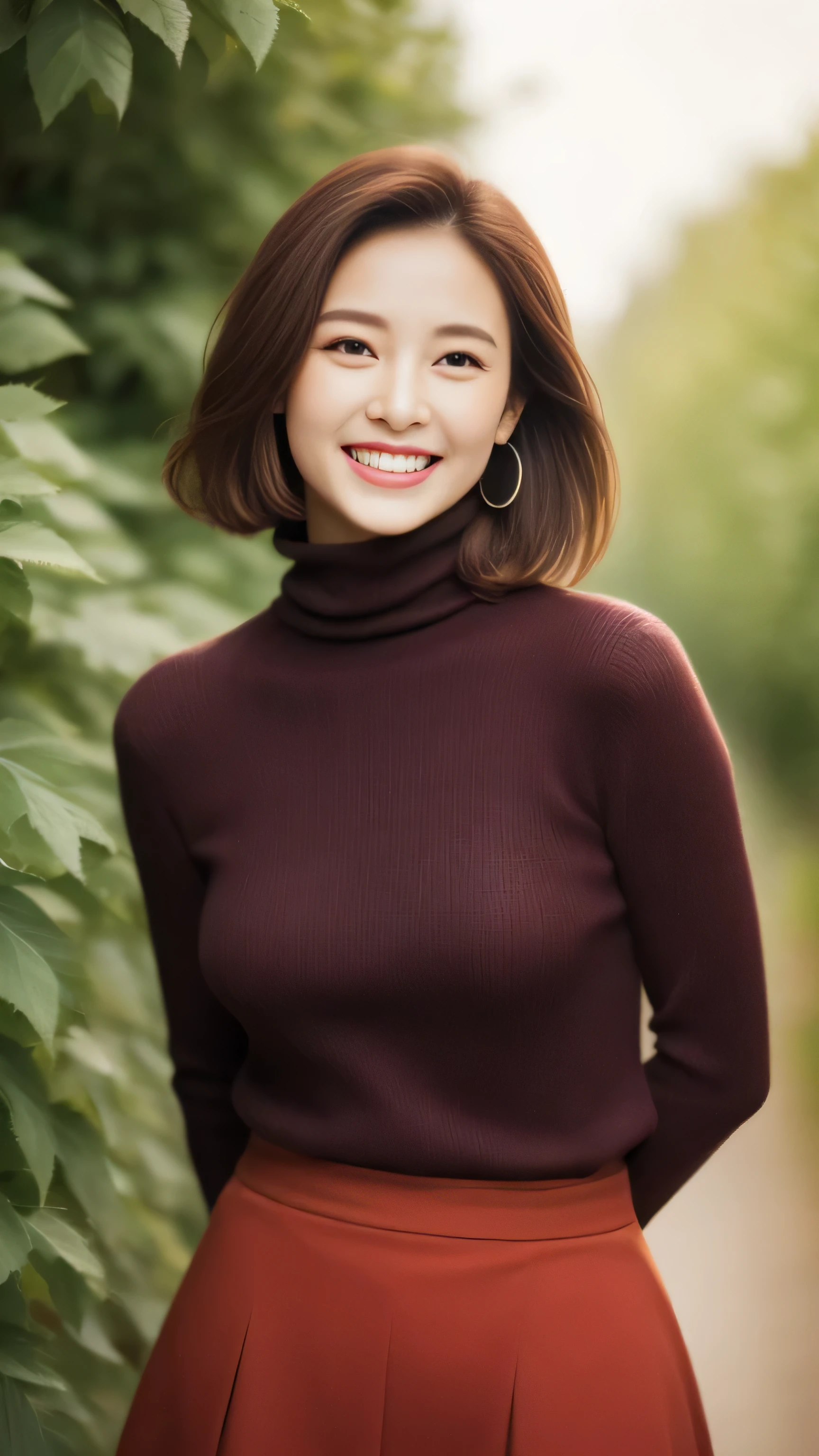 hostess face、sexy face、turtleneck wool sweater、skirt、High quality、Super realistic、healthy、smiling expression、perfect slender figure、Japanese beauty、 perfect eyes、Shining beautiful skin、upper part of the body、Background is very many red rose flowers