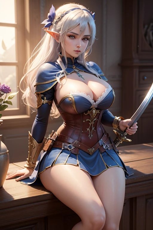 A close-up of a woman in costume holding a sword, a mature woman with huge breasts and cleavage, a 3D rendering inspired by a cold girl, popular in CG society, fantasy art, 3D rendering of character art 8k, rendering in April, rendering of Mirabelle's pastoral songs, rendering of cute 3D anime girls, full body fairy warriors, V from demons may cry into elves