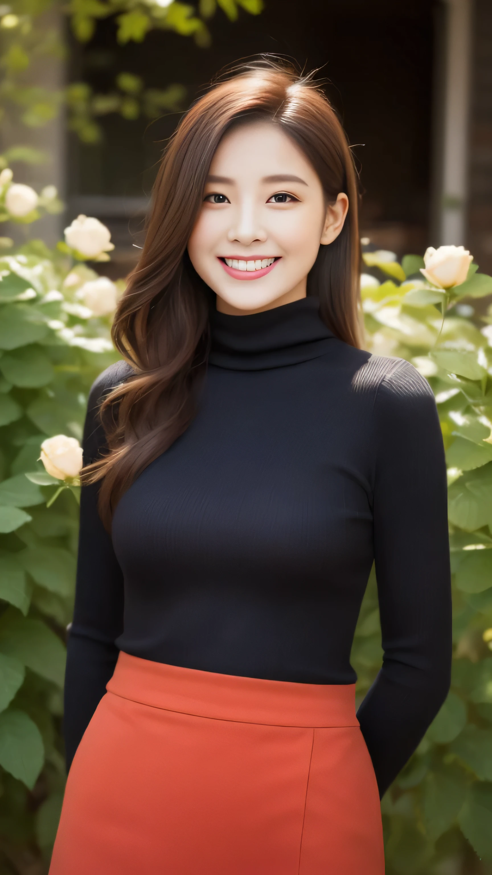 hostess face、sexy face、turtleneck wool sweater、skirt、High quality、Super realistic、healthy、smiling expression、perfect slender figure、Japanese beauty、 perfect eyes、Shining beautiful skin、upper part of the body、Background is very many red rose flowers