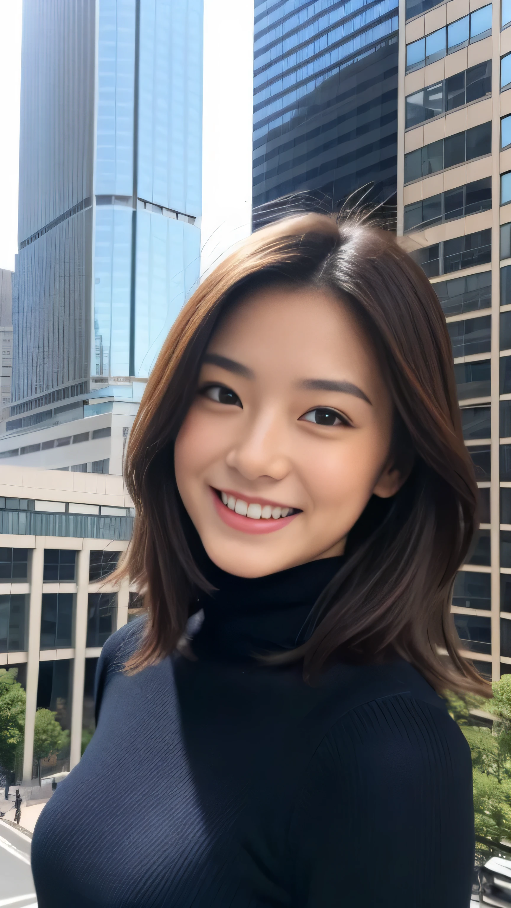 hostess face、sexy face、turtleneck wool sweater、skirt、High quality、Super realistic、healthy、smiling expression、perfect slender figure、Japanese beauty、 perfect eyes、Shining beautiful skin、upper part of the body、Tokyo skyscrapers