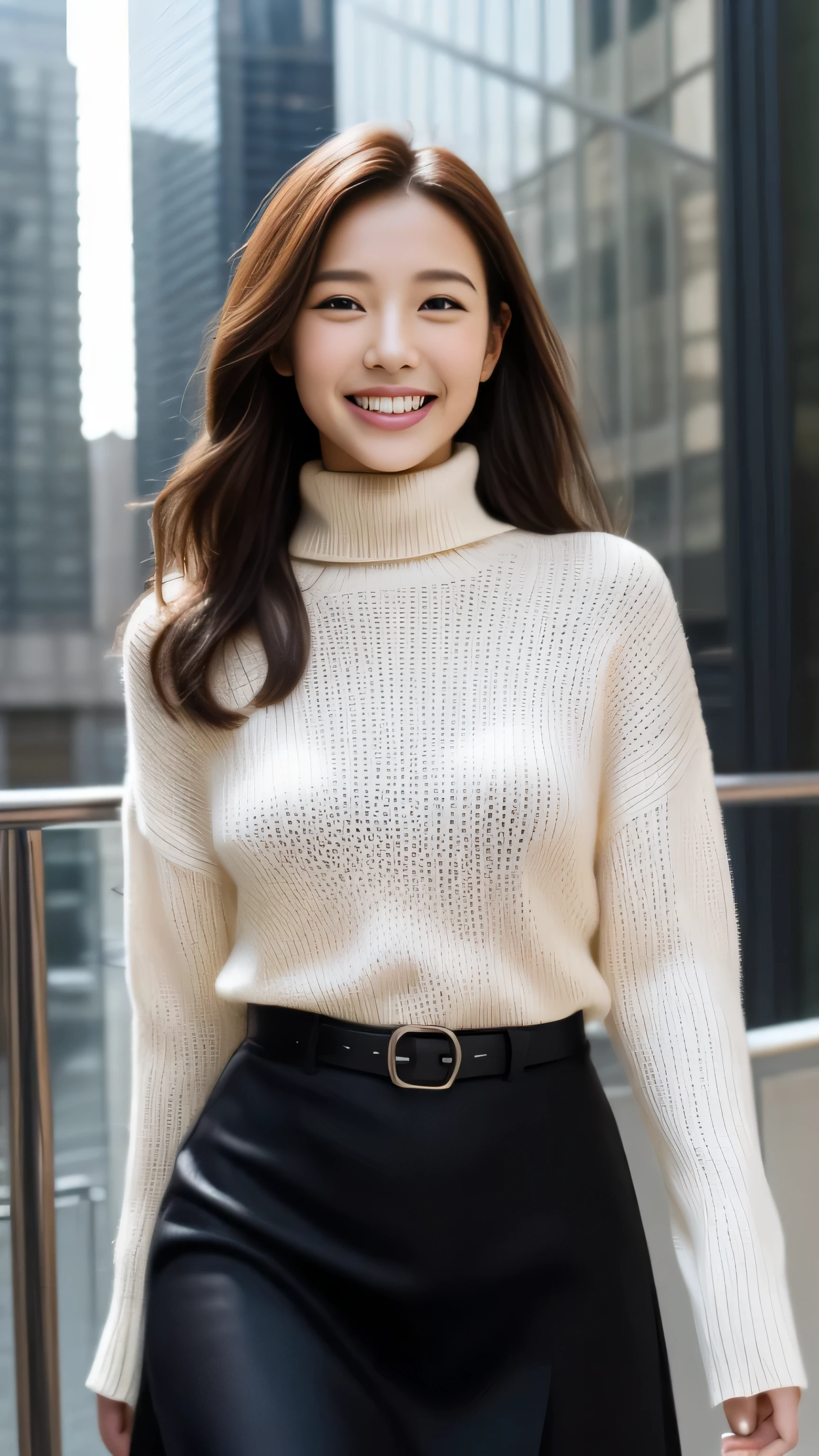 hostess face、sexy face、turtleneck wool sweater、skirt、High quality、Super realistic、healthy、smiling expression、perfect slender figure、Japanese beauty、 perfect eyes、Shining beautiful skin、upper part of the body、Tokyo skyscrapers