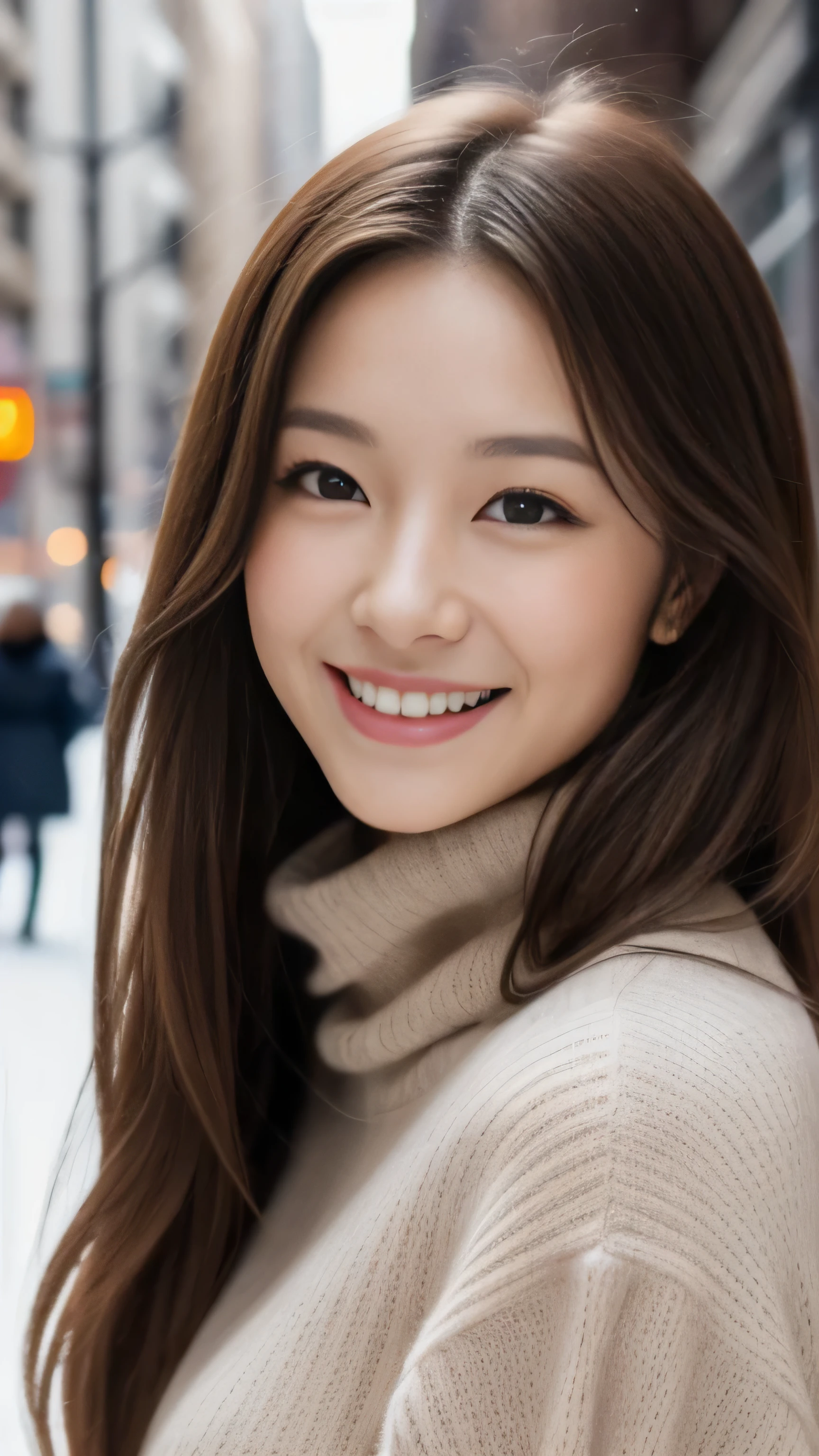hostess face、turtleneck wool sweater、High quality、Super realistic、healthy、smiling expression、perfect slender figure、Japan Beauty、 perfect eyes、Shining beautiful skin、upper part of the body、Snowy city