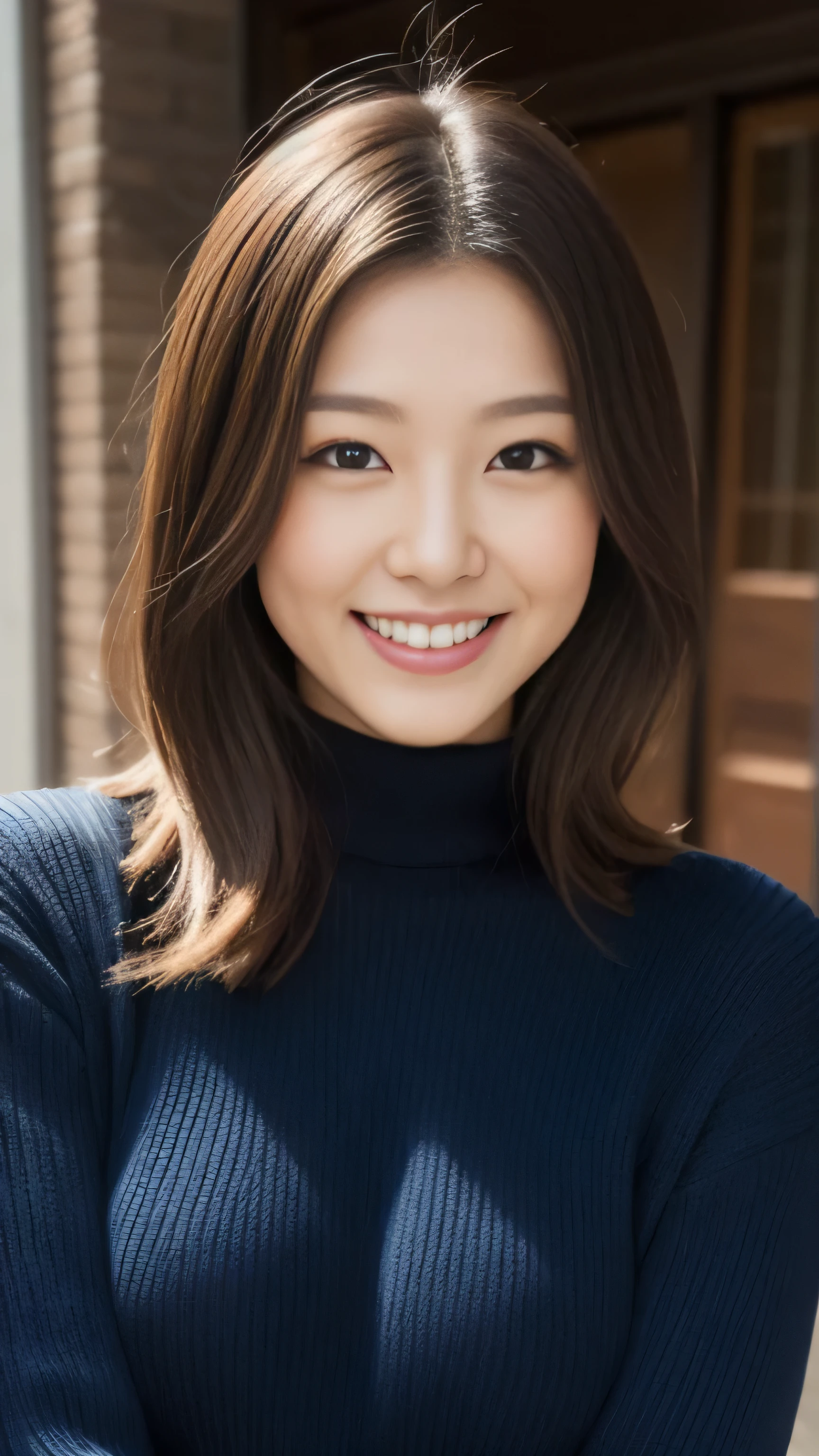 hostess face、turtleneck wool sweater、High quality、Super realistic、healthy、smiling expression、perfect slender figure、Japan Beauty、 perfect eyes、Shining beautiful skin、upper part of the body、Snowy city