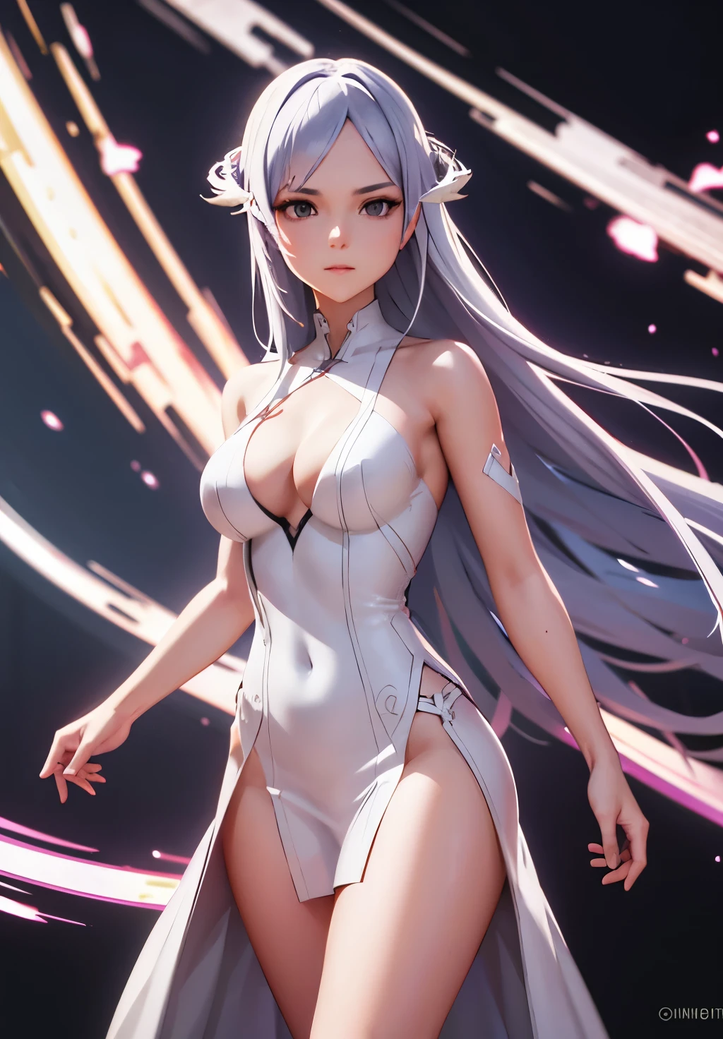 Quinella_Admin, smirk, holding sword, fighting stance,, (acclaimed, alluring, captivating, exciting, gorgeous, striking:1.3), (highly detailed, high quality:1.3) fully nude