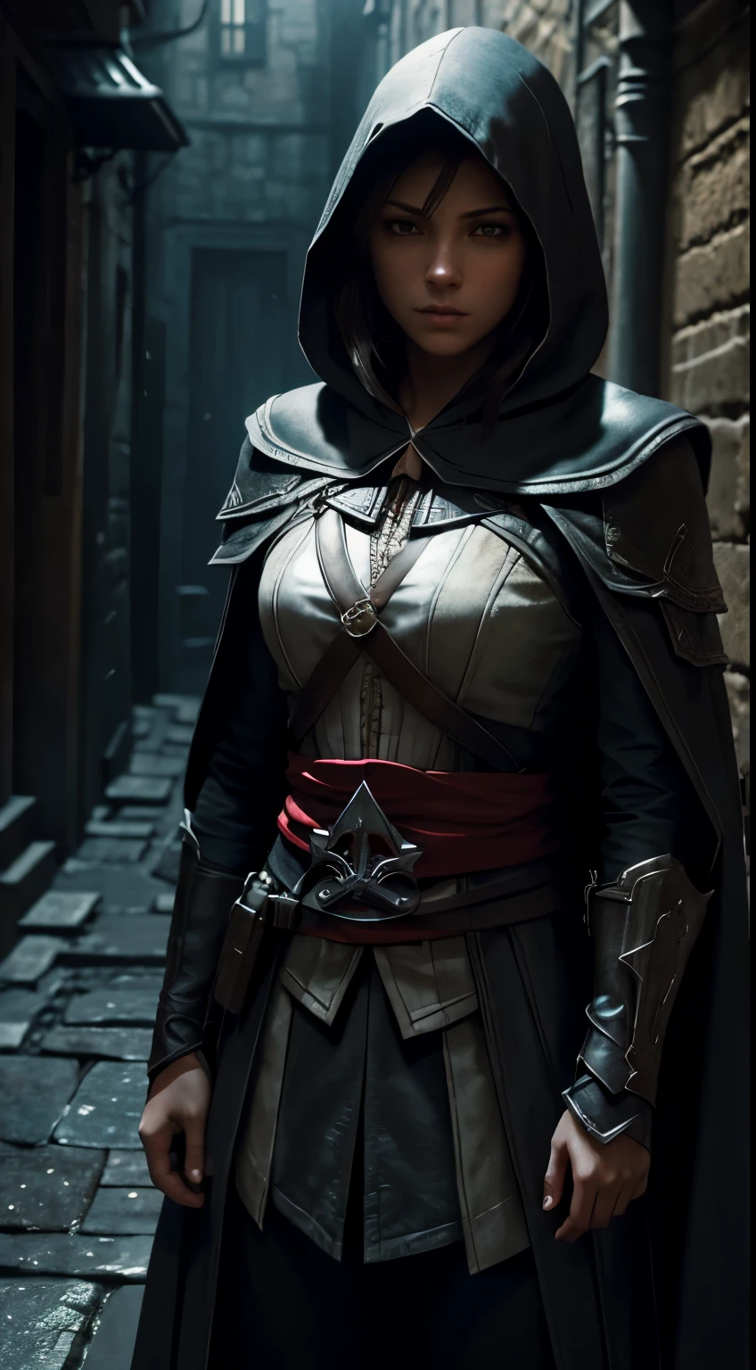 A girl dressed as an Assassin's Creed character, with detailed hood and cloak, striking a stealthy pose, holding a hidden blade, in a dark and atmospheric ancient city setting, with narrow alleyways and tall buildings. The scene is depicted in a realistic style, with high-quality details and textures. The colors are desaturated with a cool tone, enhancing the mysterious atmosphere. The lighting is dimly lit, casting dramatic shadows and adding depth to the scene. The image is of the best quality, with ultra-detailed features and a photorealistic rendering.