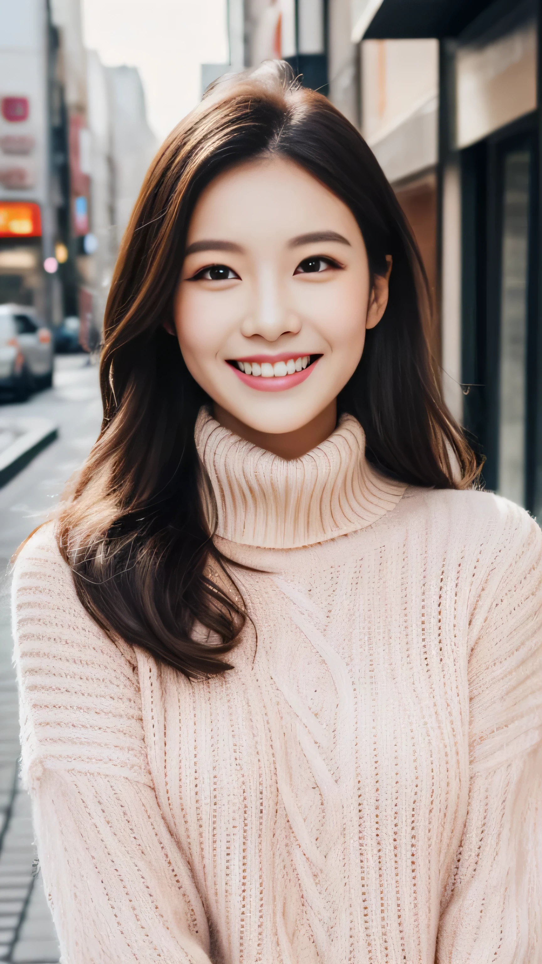 hostess face、turtleneck wool sweater、High quality、Super realistic、healthy、smiling expression、perfect slender figure、Japan Beauty、 perfect eyes、Shining beautiful skin、upper part of the body、Snowy city
