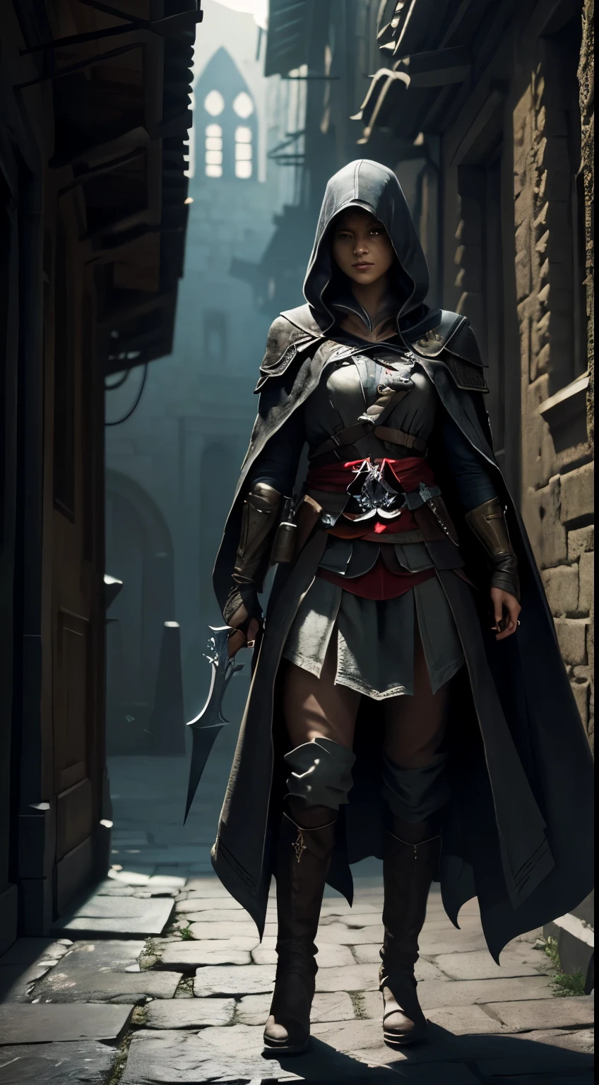 A girl dressed as an Assassin's Creed character, with detailed hood and cloak, striking a stealthy pose, holding a hidden blade, in a dark and atmospheric ancient city setting, with narrow alleyways and tall buildings. The scene is depicted in a realistic style, with high-quality details and textures. The colors are desaturated with a cool tone, enhancing the mysterious atmosphere. The lighting is dimly lit, casting dramatic shadows and adding depth to the scene. The image is of the best quality, with ultra-detailed features and a photorealistic rendering.