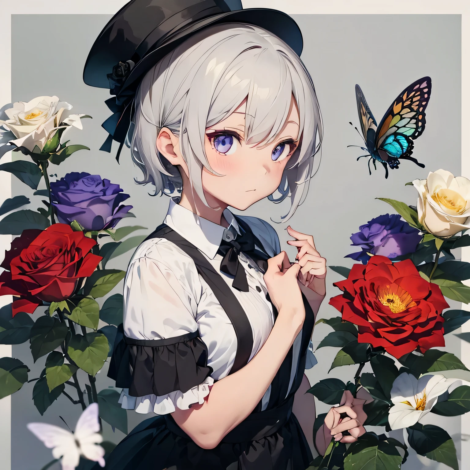 1 boy, animal, explosion, bee, 黒いflower, black rose, blue butter fly, Blue roses, bug, butterfly, butterfly hair ornament, 手元にbutterfly, flower, Green flower, gray background, holding flower, leaf, Pink flower, pink rose, portrait, profile, Purple flower, purple rose, red flower, red rose, Rose, Rose print, silk, alone, Spider, Spider web, Menu requests, desire., tattoo, prick, traditional media, White butterfly, white flower, white rose, Yellow butterfly, Yellow flower, Yellow Rose, short hair hair, shirt, 1 boy, have, ribbon, closed mouth, gray hair, male focus, frills, collared shirt, gray eyes, black hat, limit, top hat,chicken、Streets of Paris