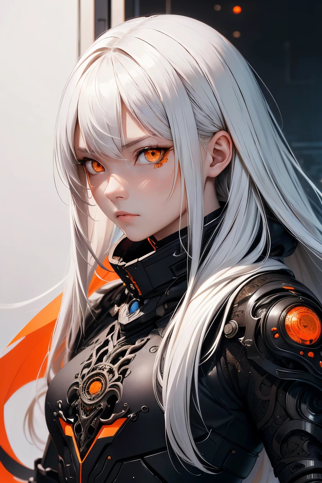 style of Tsutomu Nihei,(incredibly absurdres, (high resolution:1.18), intricate detail, (masterpiece:1.1), (highest quality:1.1), absurdres),(1girl, portrait, white hair, orange eyes, long hair, detailed eyes),