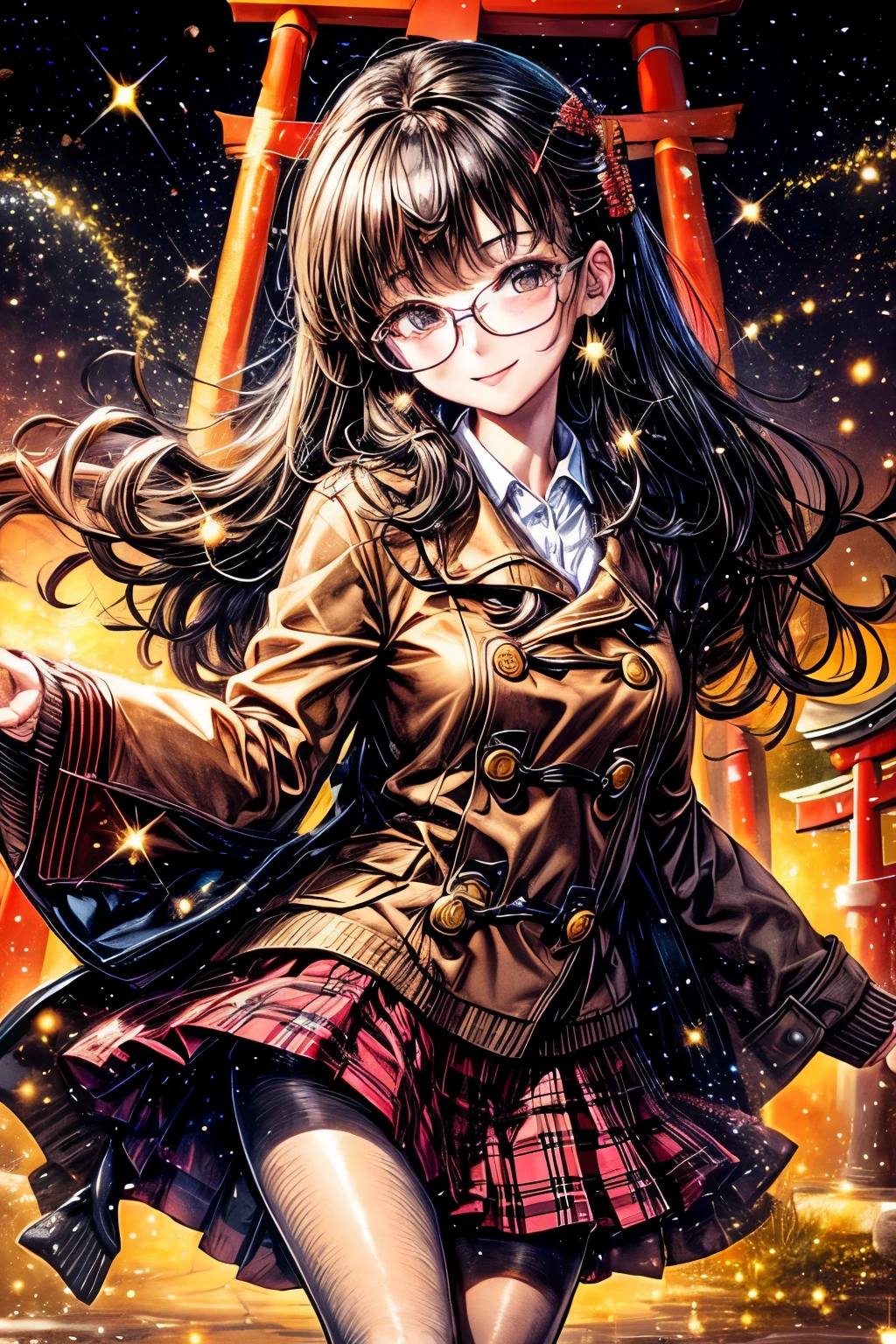 ((worst quality, low quality)), ((Close-up)), (with a girl:1.2), (black haired, Berry Short:1.3), (school uniform:1.2),(Wear a dark brown duffel coat on top.:1.4), (body fit beige cardigan:1.2), (white collared shirt underneath:1.3), ((raise button, Doesn't come loose):1.5),(red plaid pleated skirt:1.3), (cool glasses, under rim:1.2), ((dark brown pantyhose:1.2), plump and glossy lips, beautiful clear eyes, (best smile), head tilt, (light particles, shine of light:1.4), (( Japanese torii gate background)), high angle shot, muste piece, best quality, Super detailed, masterpiece,