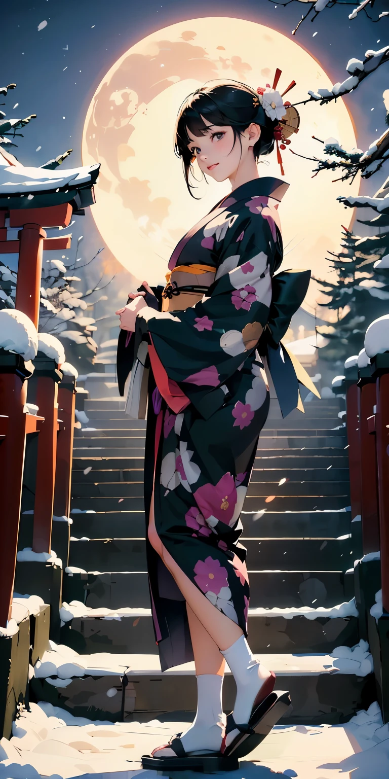 masterpiece、High resolution 8K、NSFW、sharp focus、contrast lighting、fine skin、 ultra high resolution、ultra high resolution、Detailed CG、snow scene at night、moon、moon flare、lanthanum、石のlanthanum、that&#39;that&#39;that&#39;that&#39;that&#39;that&#39;that&#39;that&#39;that&#39;It&#39;s snowing、Former shrine of Japan、temple、Quaint、Scenery with the main shrine torii gate - Angle、Descend the long stone steps in the pine forest、full body shot、Beautiful woman、beautiful eyes、(detailed face and iace:1 2)、narrow eyes、almond eye、brown eyes、gradation eye、highlight:1.2)、(beautiful black hair、middle、asymmetrical bangs、medium hair)、(Woman in Japan kimono、Japanese pattern kimono)、(plump lips、glossy lips、small chest size) 、(oval face : 1.4)、(thin fingered arms、detailed human hand)、half-open smile、teeth visible、long shot、white tabi socks、Women's clogs